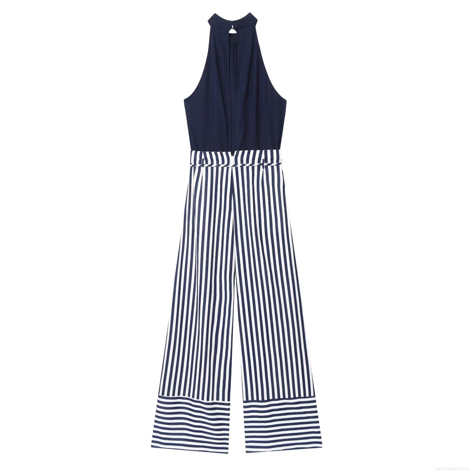 Women Halter Neck Jumpsuit Sleeveless Cotton Linen Blend Navy Blue Patchwork Blue White Striped Wide Leg Long Pant Casual One Piece Outfit With Waist Tie
