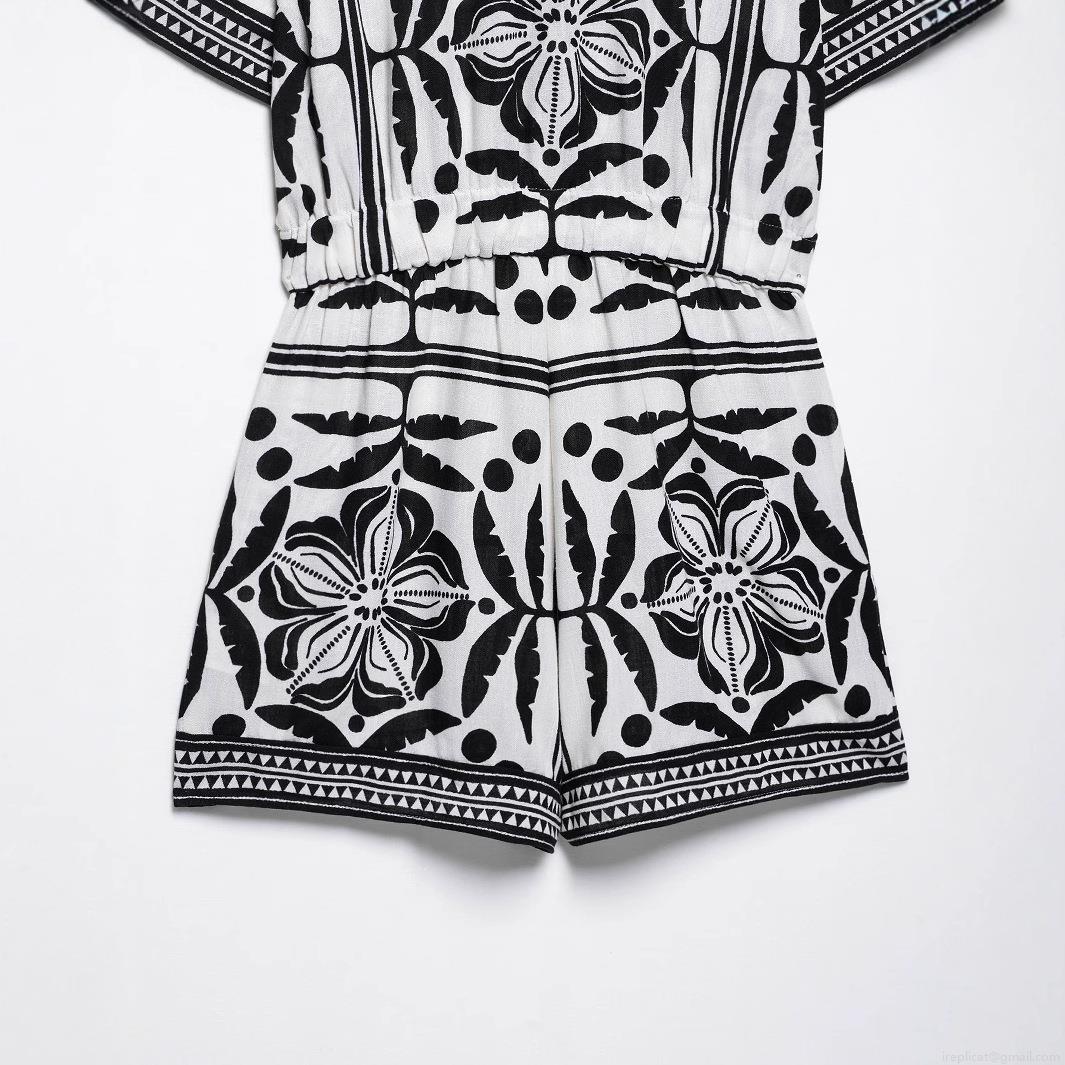 Women's Bohemian Floral Geometric Print Romper Short Sleeve V Neck Button Down Jumpsuit With Elastic Waist Summer Casual Beach Short Playsuit For Women