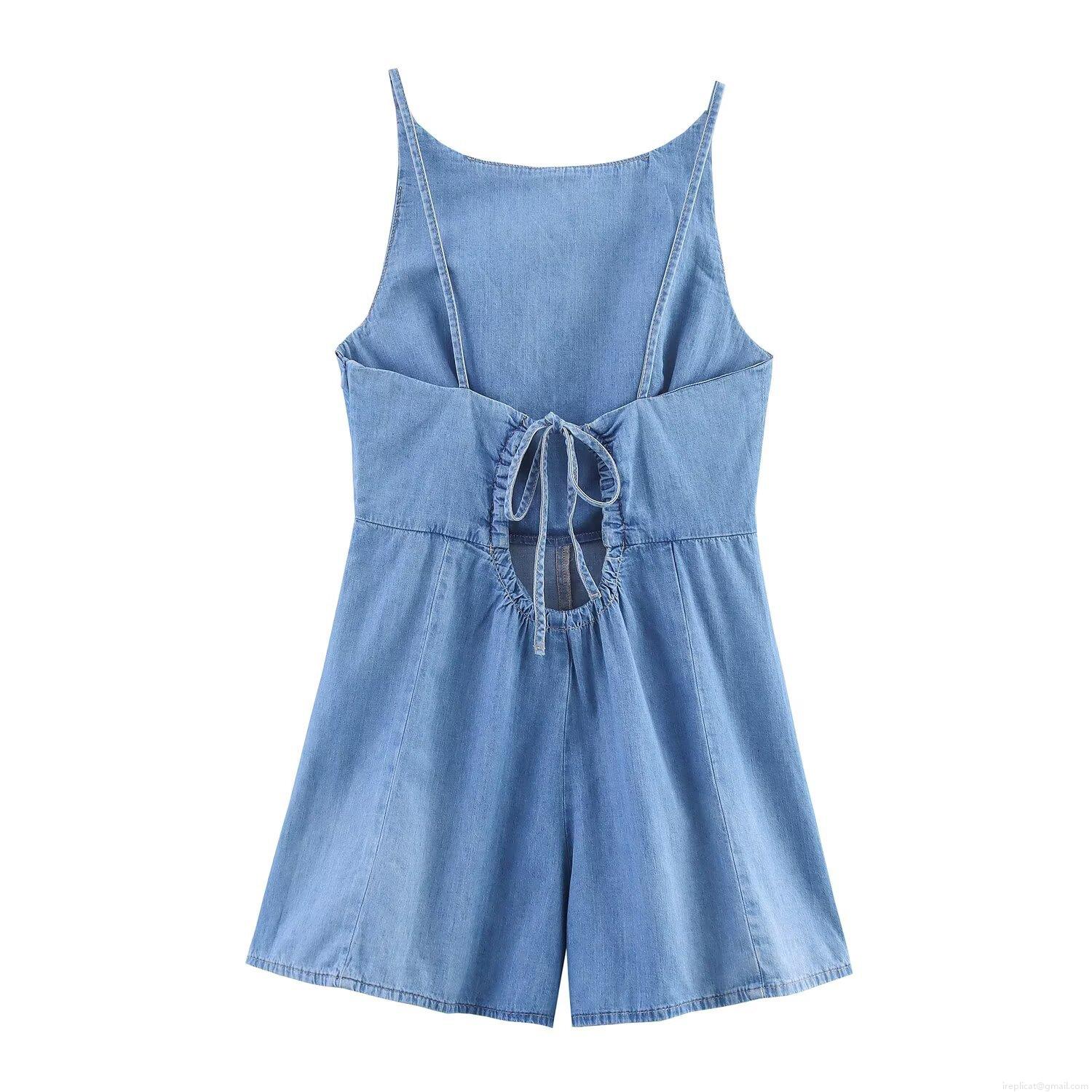 Women's Sleeveless Backless Denim Romper Sexy Tie-Back Hollow Out Jumpsuit Summer Casual Square Neck Denim Blue Playsuit For Vacation Party