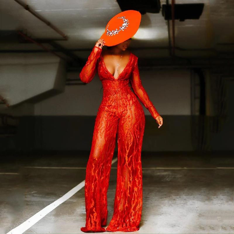 Women's Sexy Deep V-Neck Sequin Lace Jumpsuit Long Sleeve Wide Leg Party Evening Clubwear Romper Elegant High Waist One Piece Outfit