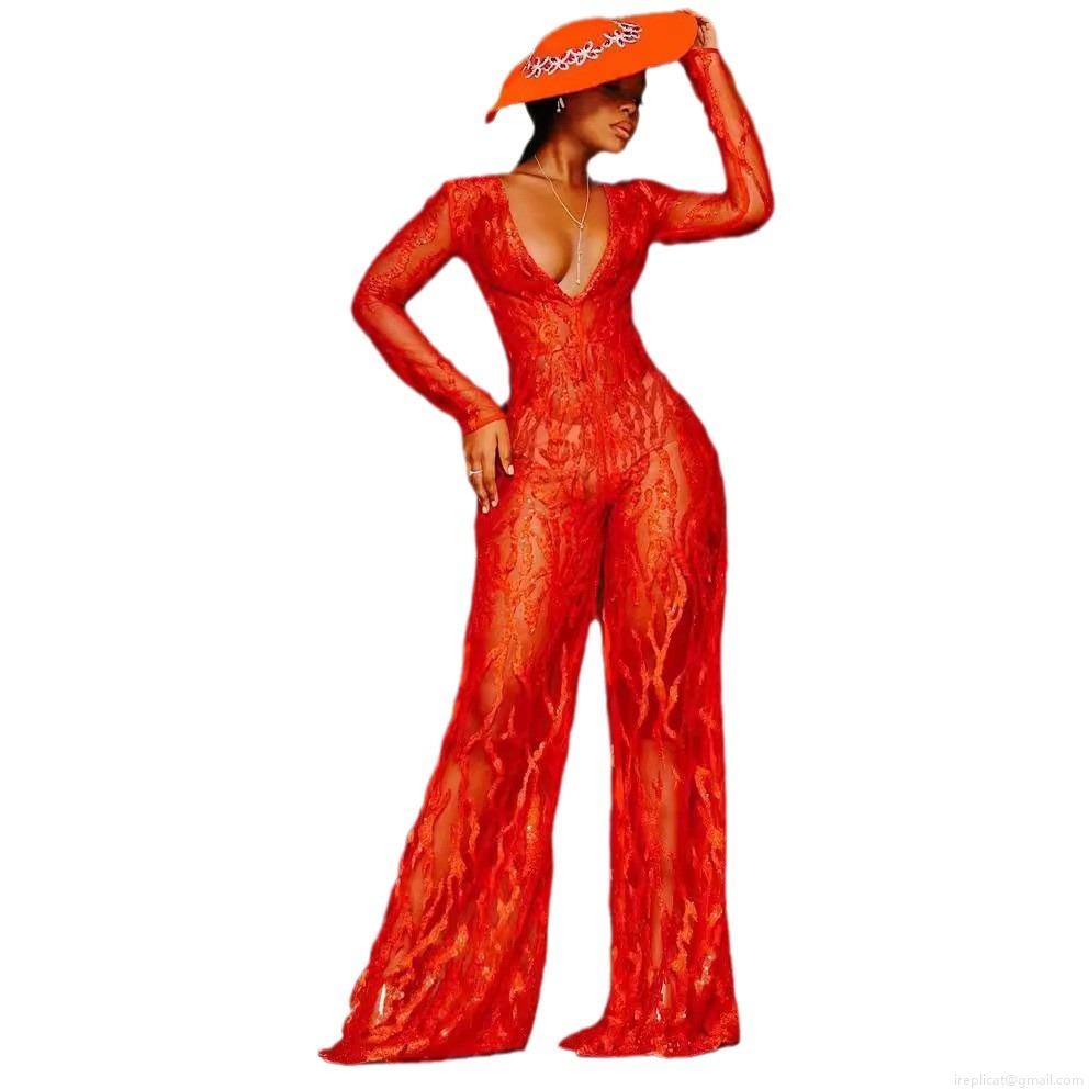 Women's Sexy Deep V-Neck Sequin Lace Jumpsuit Long Sleeve Wide Leg Party Evening Clubwear Romper Elegant High Waist One Piece Outfit