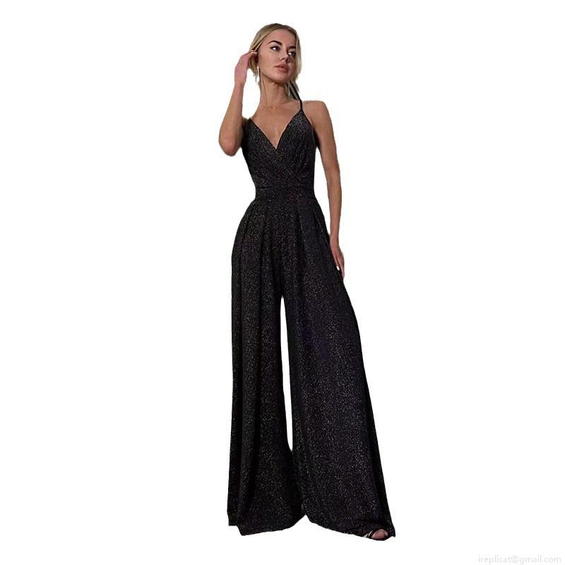 Women's Sexy Deep V-Neck Sequined Wide-Leg Jumpsuit Sleeveless Backless Sparkling Glitter Evening Party Clubwear Romper Long Pants Overall for Ladies