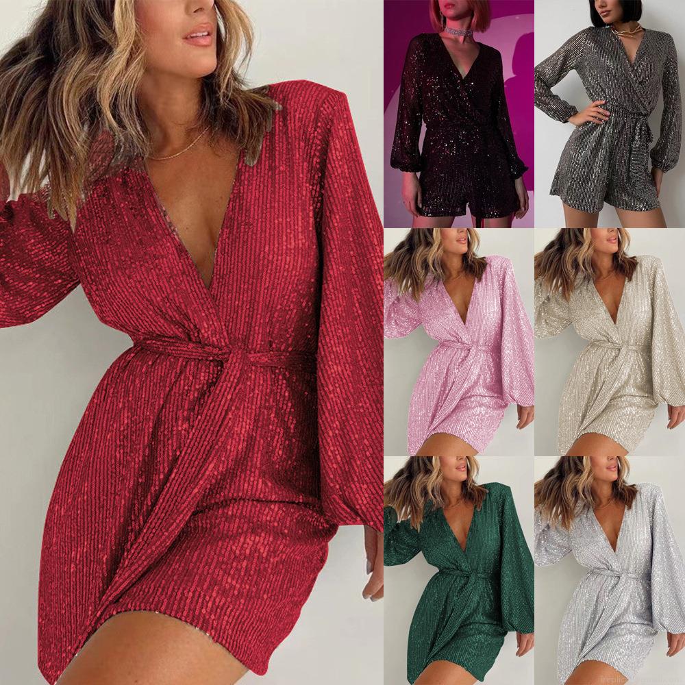 Women's Sexy Sequin V-Neck Long Sleeve Romper Elegant Wrap Party Jumpsuit With Waist Tie For Evening Club Cocktail Event