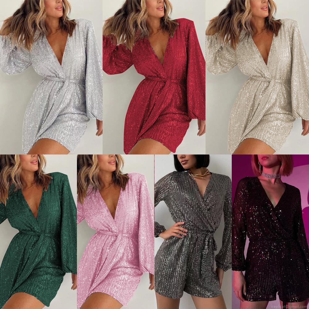 Women's Sexy Sequin V-Neck Long Sleeve Romper Elegant Wrap Party Jumpsuit With Waist Tie For Evening Club Cocktail Event