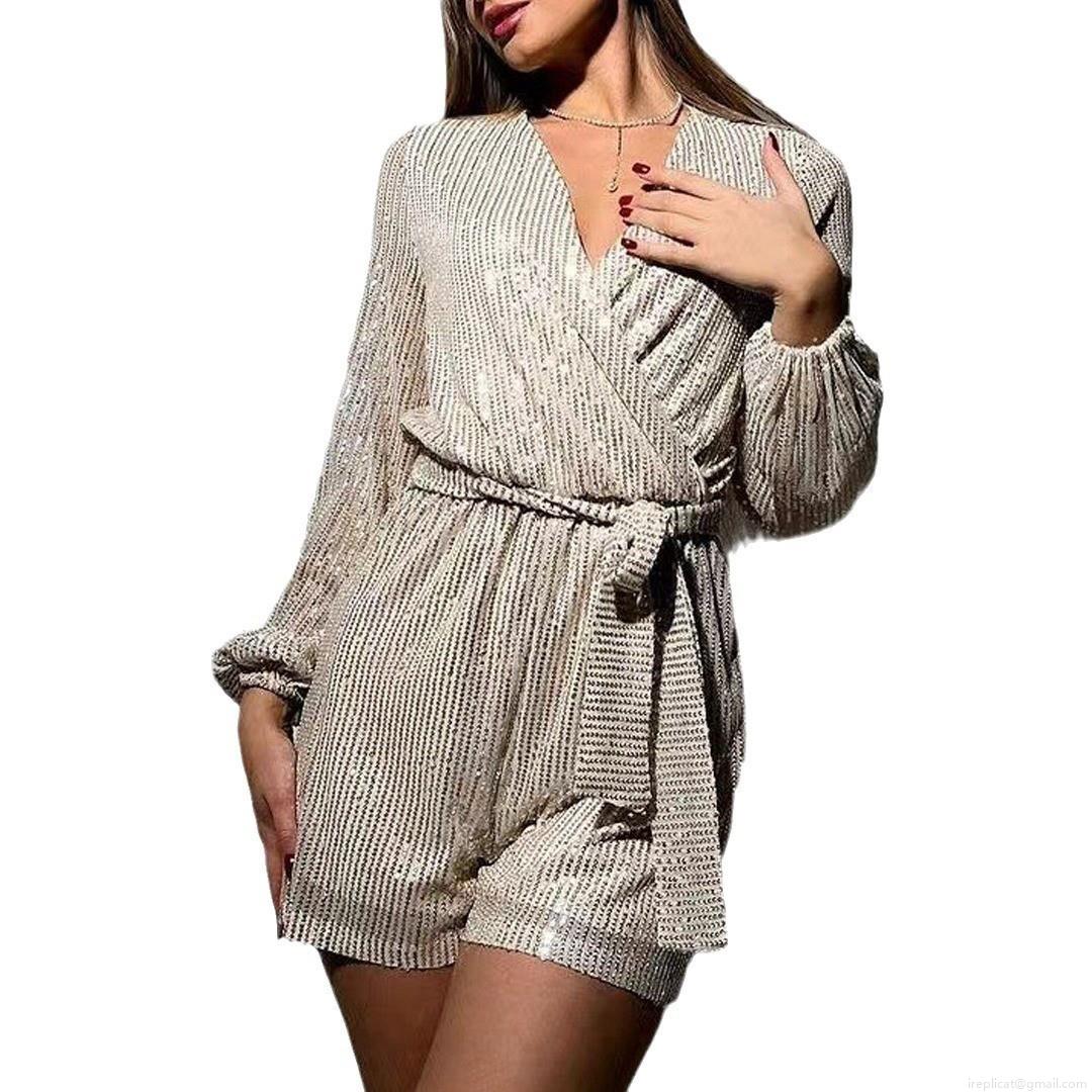 Women's Sexy Sequin V-Neck Long Sleeve Romper Elegant Wrap Party Jumpsuit With Waist Tie For Evening Club Cocktail Event