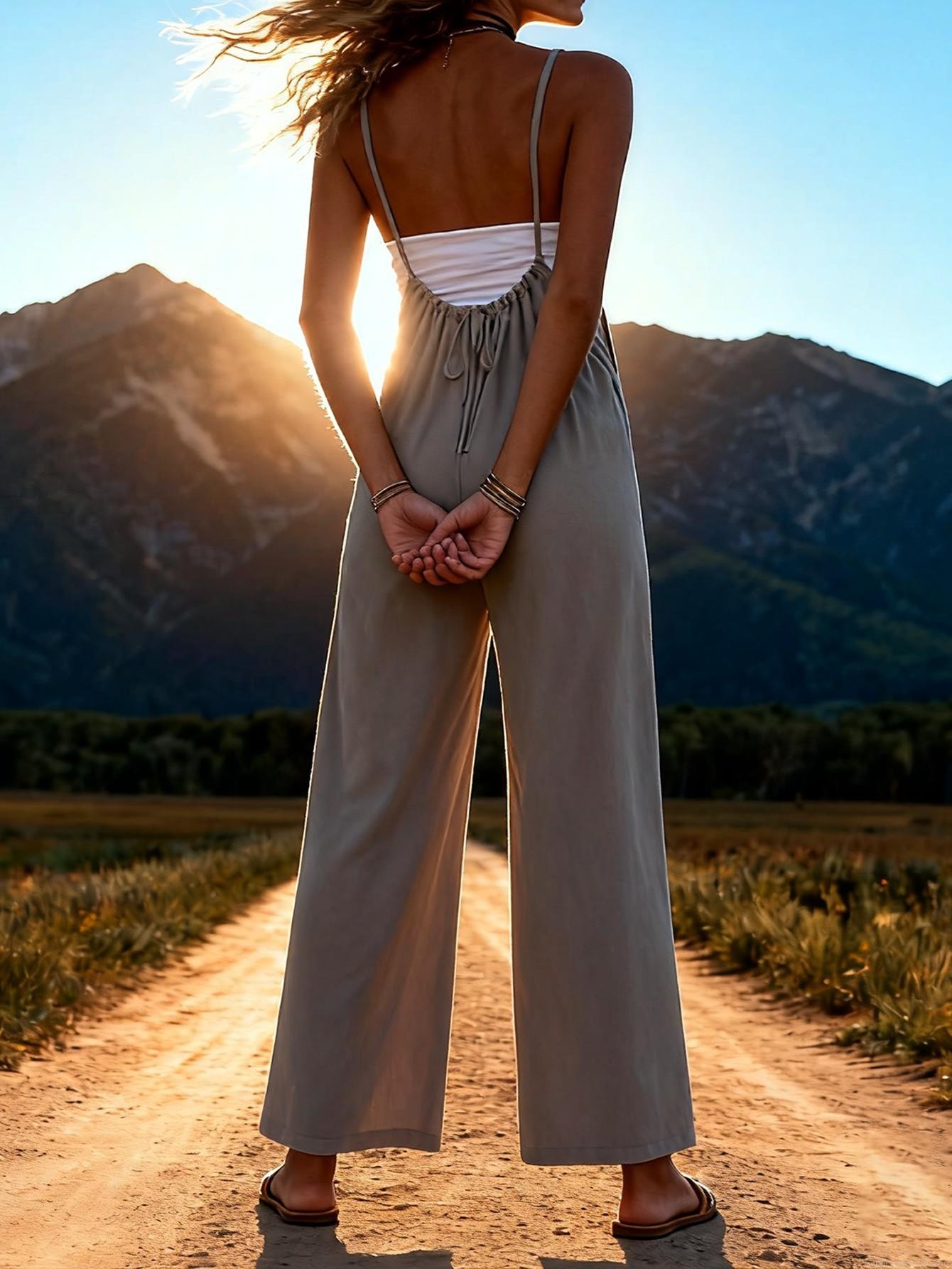 Women's Wide Leg Jumpsuit Sleeveless Solid Color Backless Suspender Romper Casual Vacation Loose Fit 100% Polyester Summer Overall With Pockets