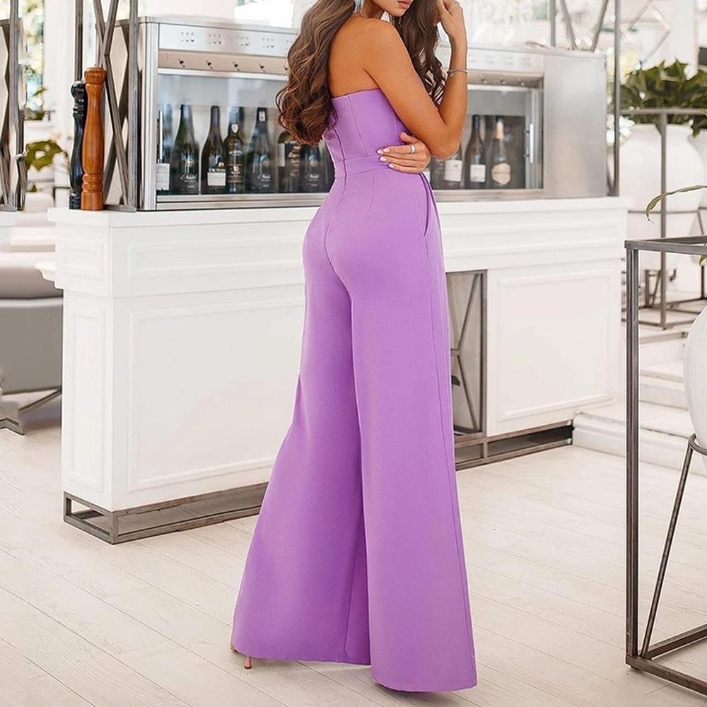 Women Sexy Strapless V Neck High Waist Jumpsuit Elegant Wide Leg Slit Long Romper With Pockets For Evening Party Wedding Guest Summer Solid Color Polyester Cotton Jumpsuit