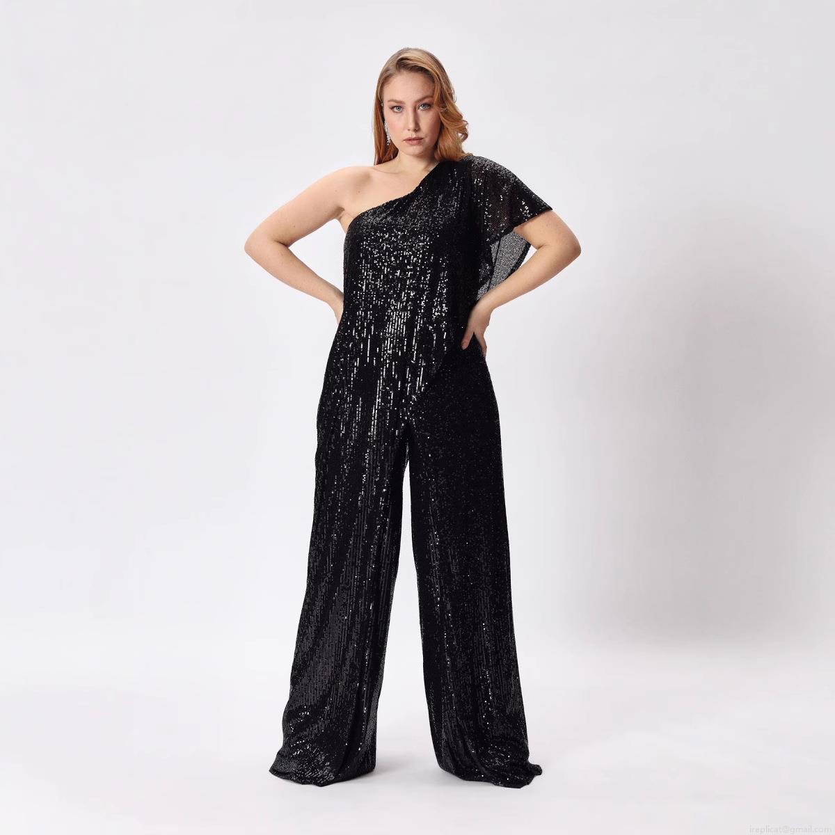 Women's Sexy One Shoulder Sequin Jumpsuit Elegant High Waist Wide Leg Romper Evening Party Clubwear Sparkly Sleeveless Jumpsuit With Ruffles