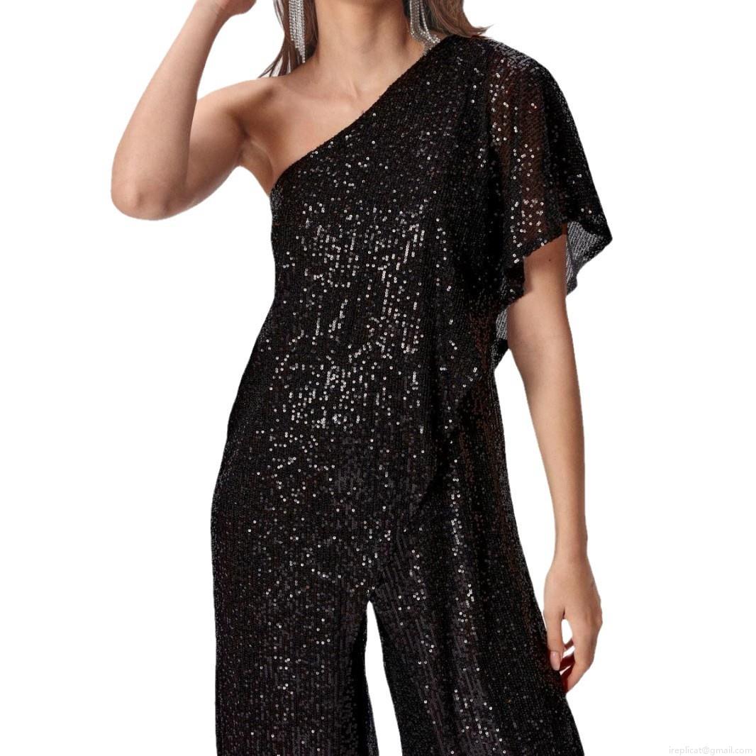 Women's Sexy One Shoulder Sequin Jumpsuit Elegant High Waist Wide Leg Romper Evening Party Clubwear Sparkly Sleeveless Jumpsuit With Ruffles
