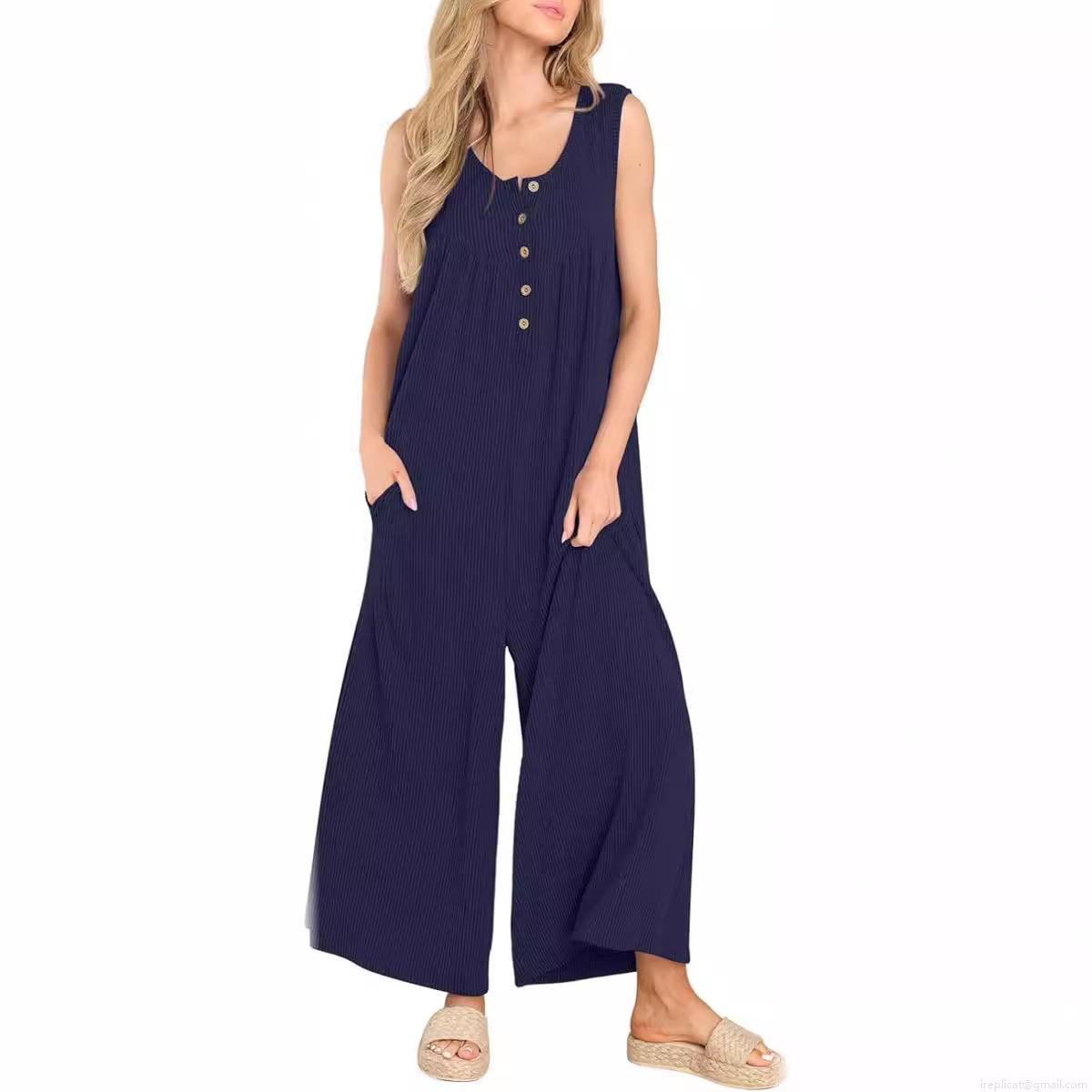 Women's Sleeveless Jumpsuit Ribbed Knit Wide Leg Romper With Pockets Button Front Crew Neck Casual One Piece Long Pant Jumpsuit For Women Summer Vacation