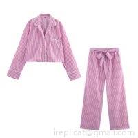 Women's 3-Piece Striped Clothing Set Cotton Blend Button Down Long Sleeve Shirt Camisole And Wide Leg Pants Casual Streetwear Pink Lounge Set For Women