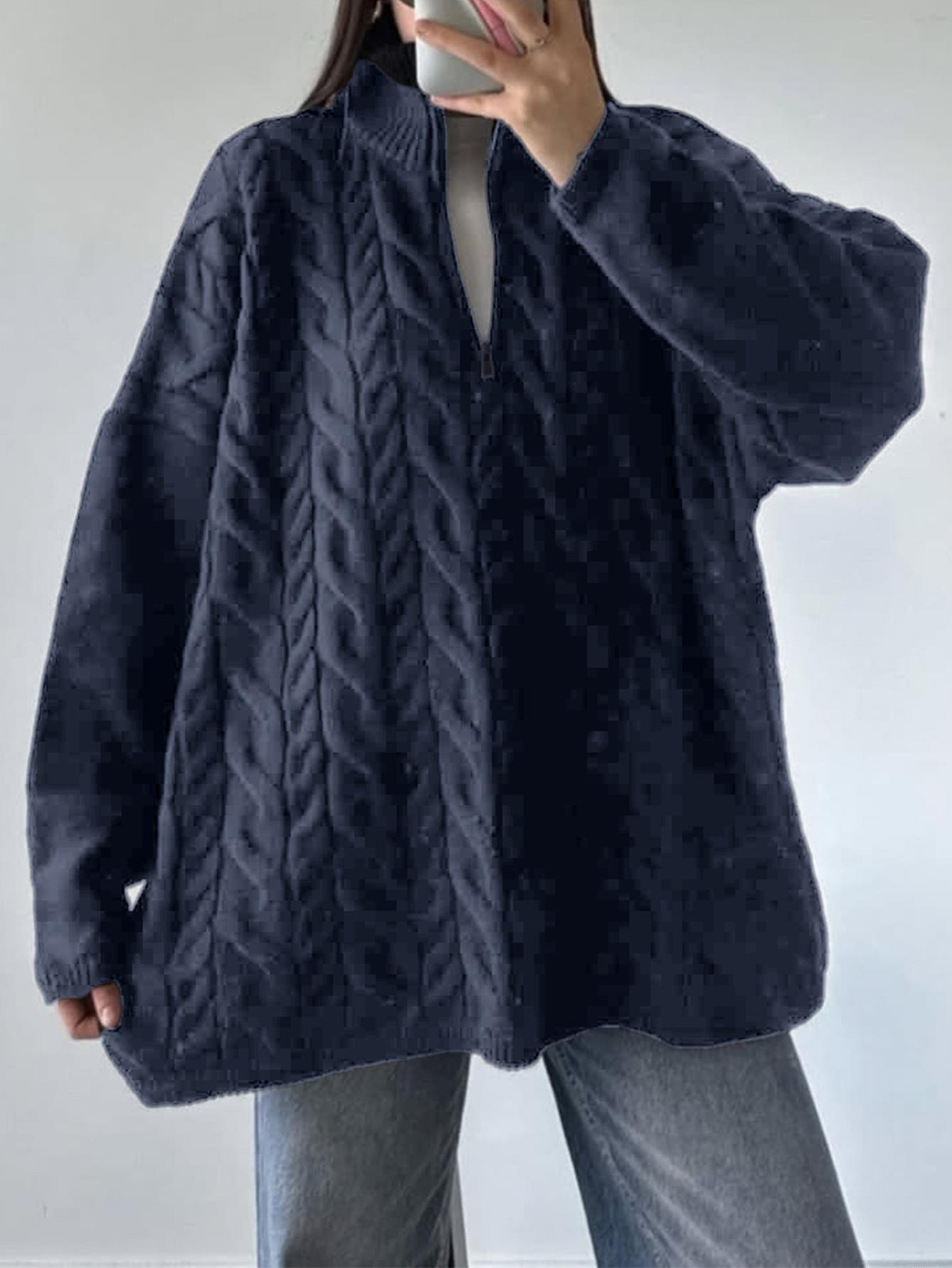 Women's Cable Knit Sweater Half Zip Mock Neck Loose Fit Solid Color Polyester Acrylic Blend Long Sleeve Jumper For Casual Vacation Autumn Winter