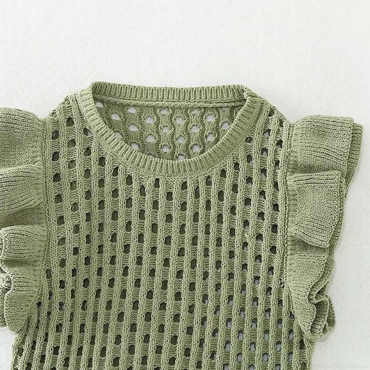 Women's Sweet Hollow Out Knit Vest Top Ruffle Fly Sleeve Round Neck Sleeveless Layering Sweater Solid Color Vintage Style Tank Top For Daily Wear