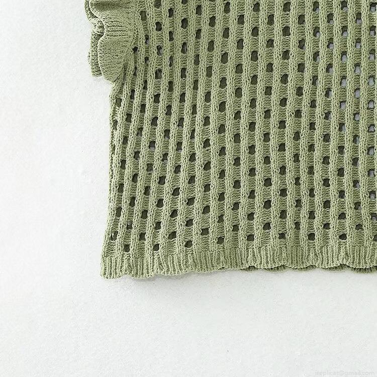Women's Sweet Hollow Out Knit Vest Top Ruffle Fly Sleeve Round Neck Sleeveless Layering Sweater Solid Color Vintage Style Tank Top For Daily Wear