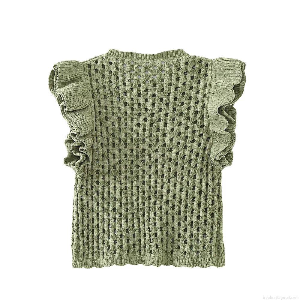 Women's Sweet Hollow Out Knit Vest Top Ruffle Fly Sleeve Round Neck Sleeveless Layering Sweater Solid Color Vintage Style Tank Top For Daily Wear