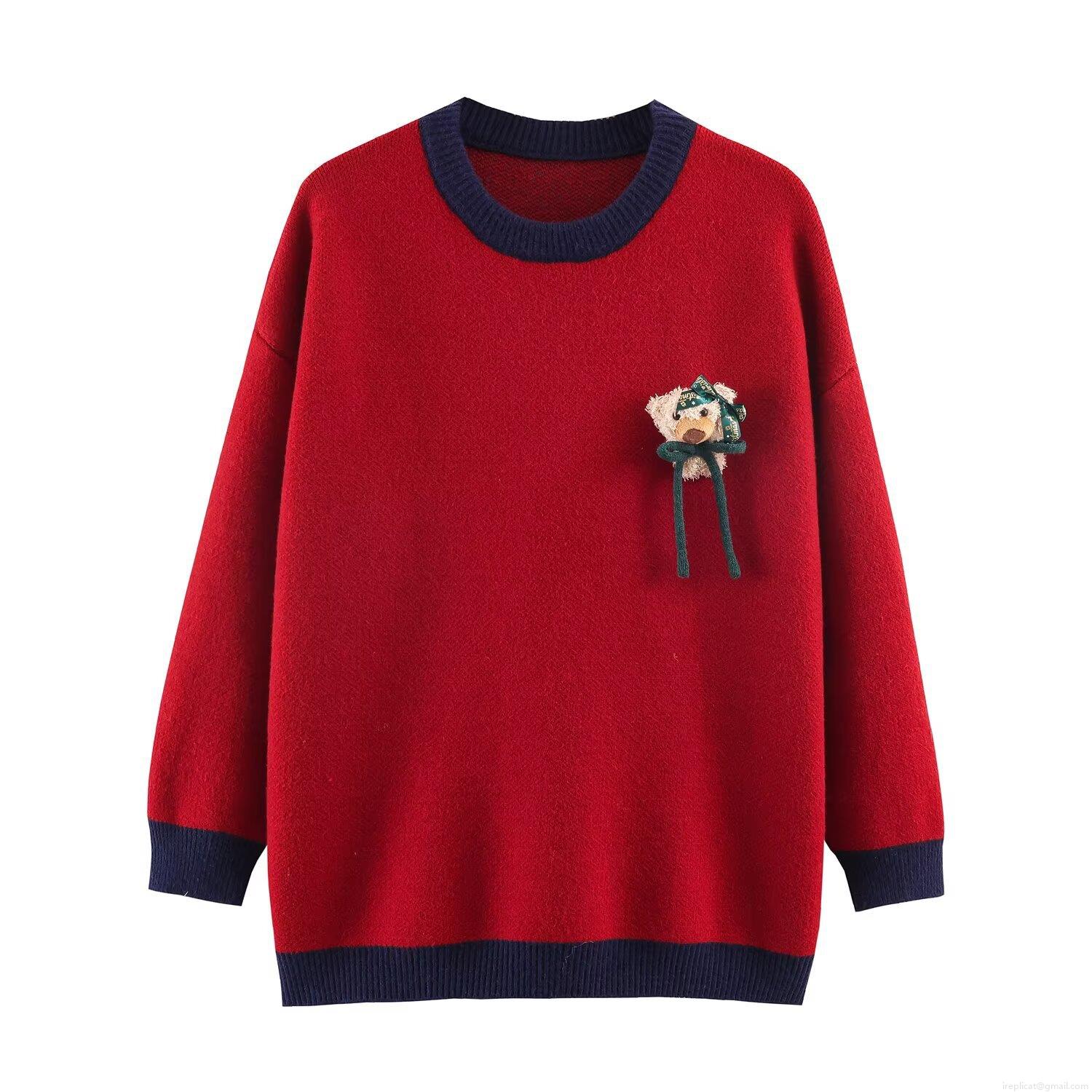 Women's Loose Knitted Christmas Sweater With 3D Plush Teddy Bear Color Block Round Neck Long Sleeve Pullover For Party Holiday Festive Streetwear