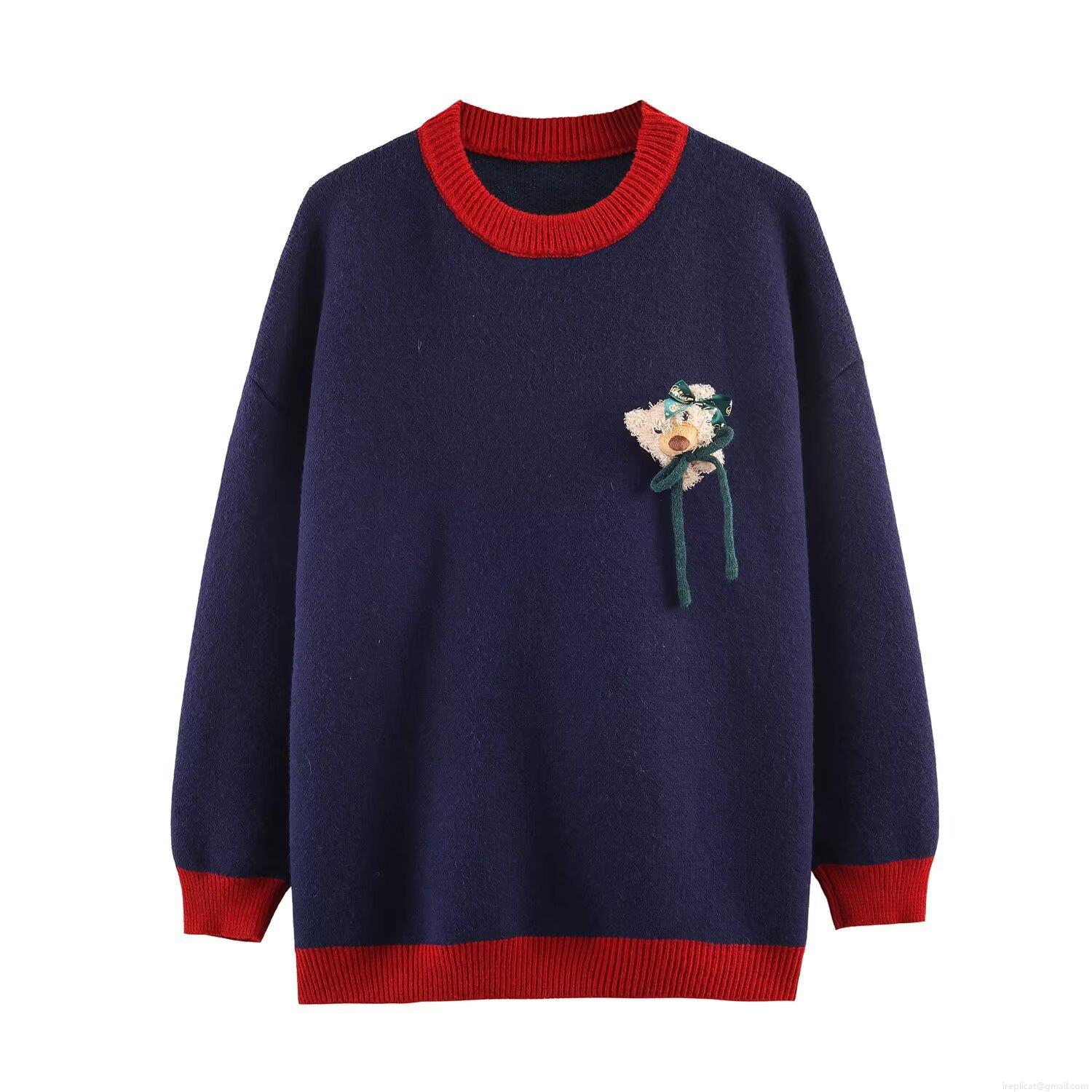 Women's Loose Knitted Christmas Sweater With 3D Plush Teddy Bear Color Block Round Neck Long Sleeve Pullover For Party Holiday Festive Streetwear
