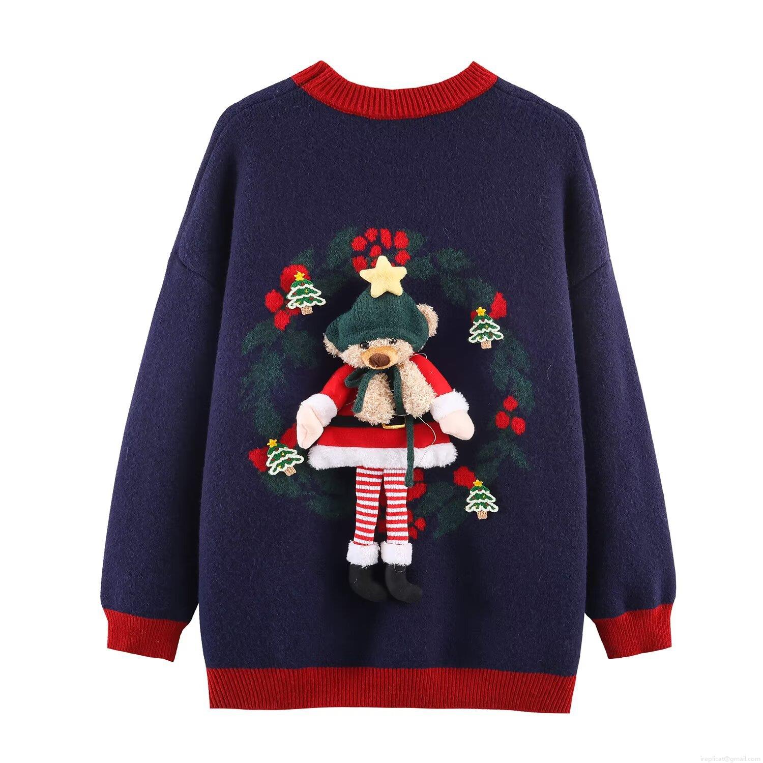 Women's Loose Knitted Christmas Sweater With 3D Plush Teddy Bear Color Block Round Neck Long Sleeve Pullover For Party Holiday Festive Streetwear