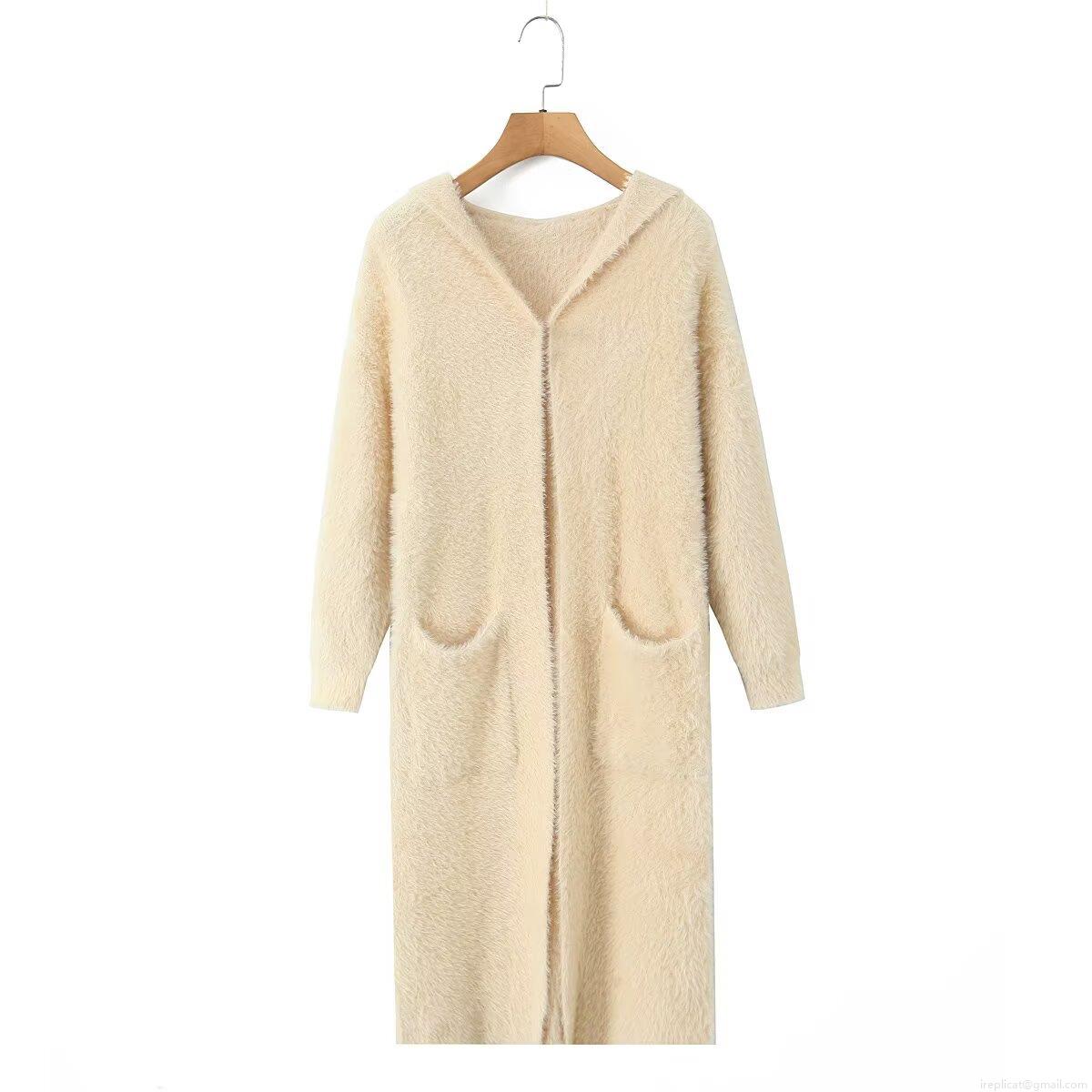 Women's Hooded Long Sleeve Open Front Cardigan Fuzzy Plush Knit Sweater Coat With Pockets Casual Loose Longline Warm Outerwear For Fall Winter