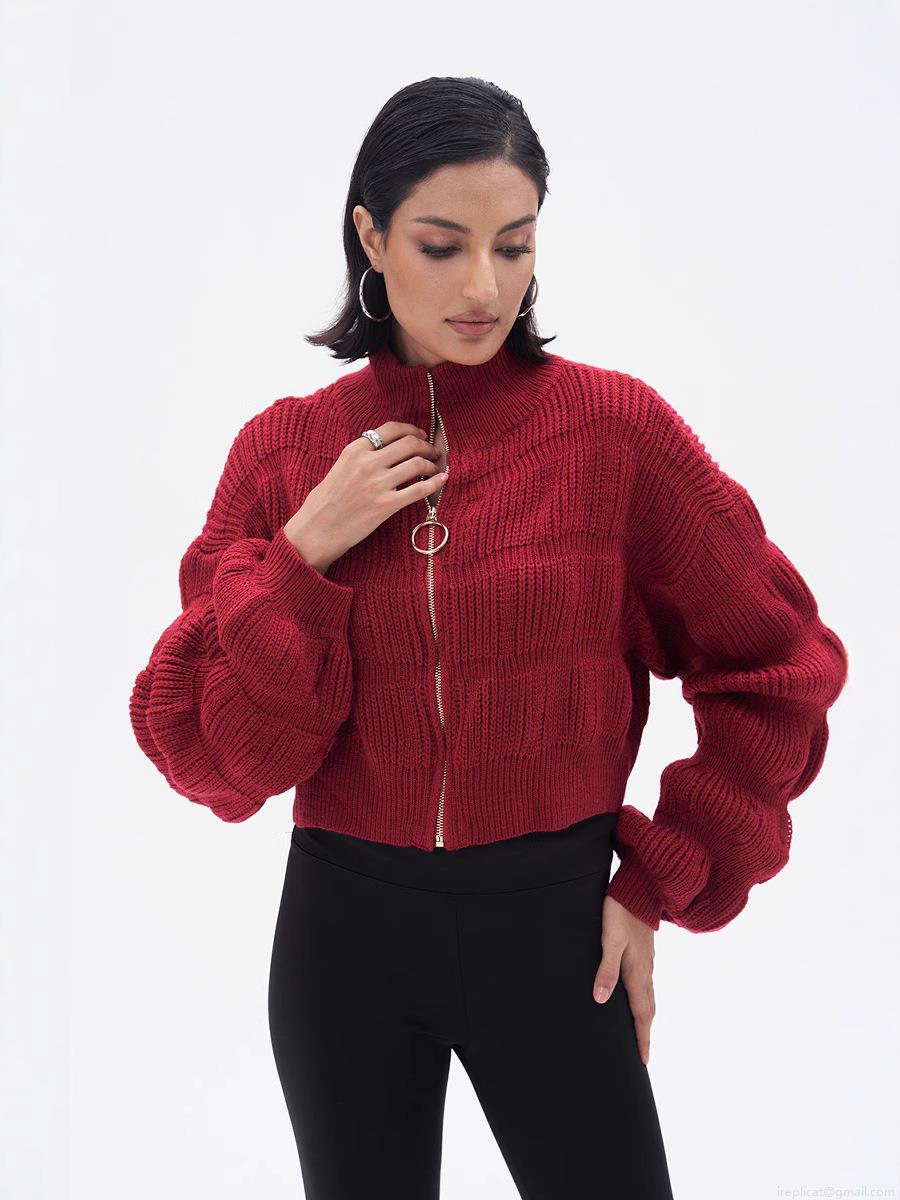Women's Chunky Knit Polyester Zipper Cardigan Sweater Lantern Sleeve Mock Neck Crop Top Solid Color Streetwear Knitwear Outerwear