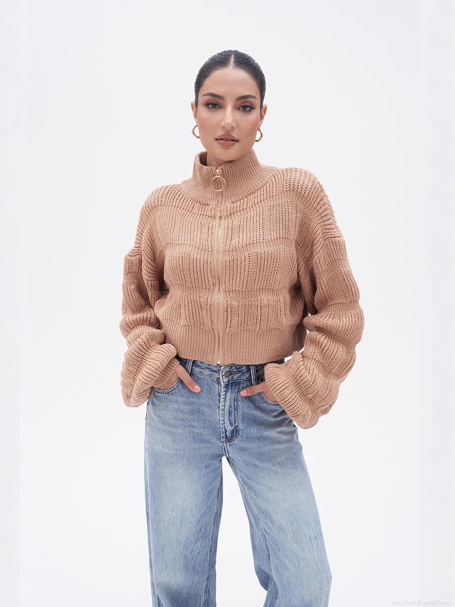 Women's Chunky Knit Polyester Zipper Cardigan Sweater Lantern Sleeve Mock Neck Crop Top Solid Color Streetwear Knitwear Outerwear