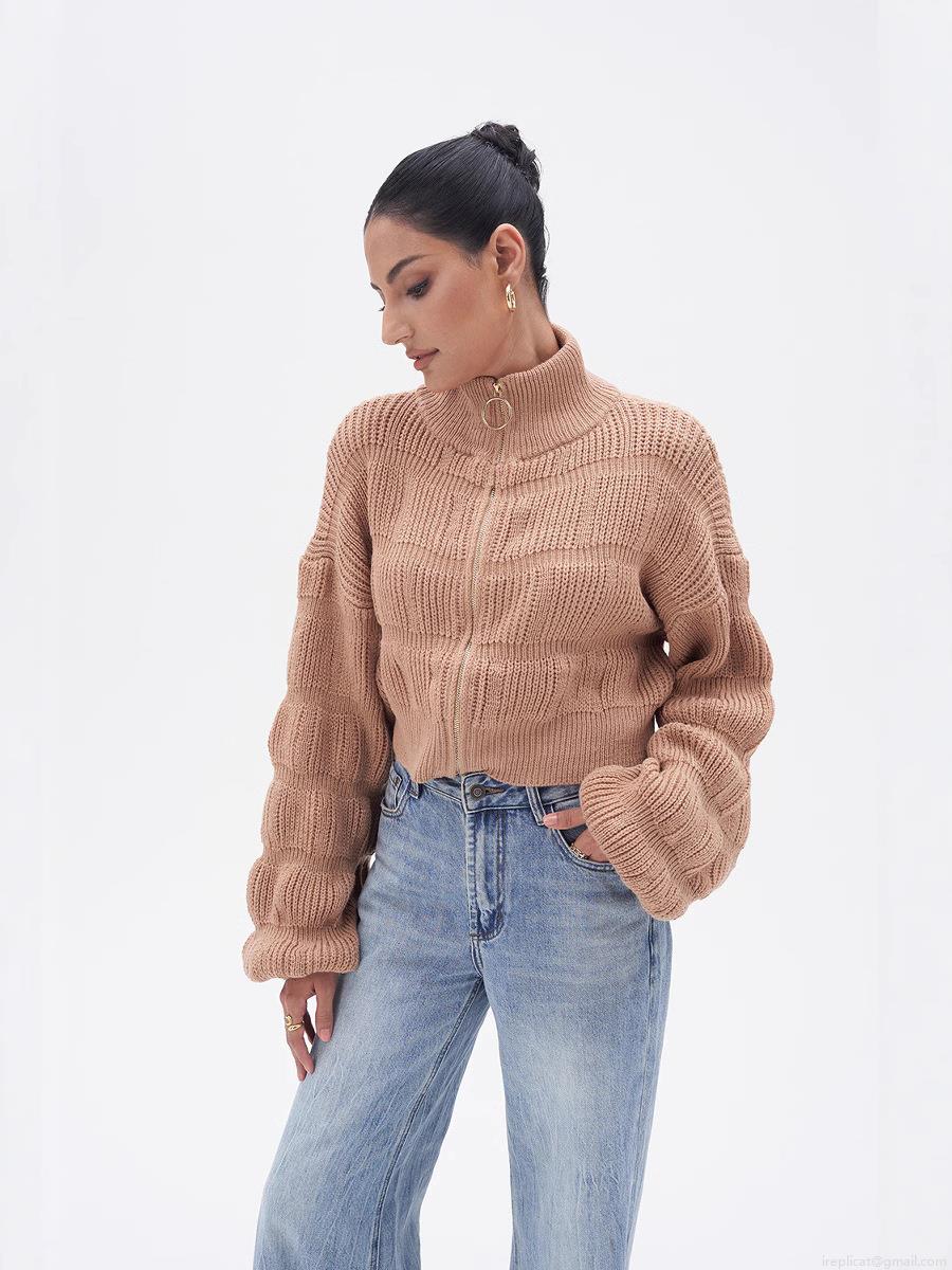Women's Chunky Knit Polyester Zipper Cardigan Sweater Lantern Sleeve Mock Neck Crop Top Solid Color Streetwear Knitwear Outerwear