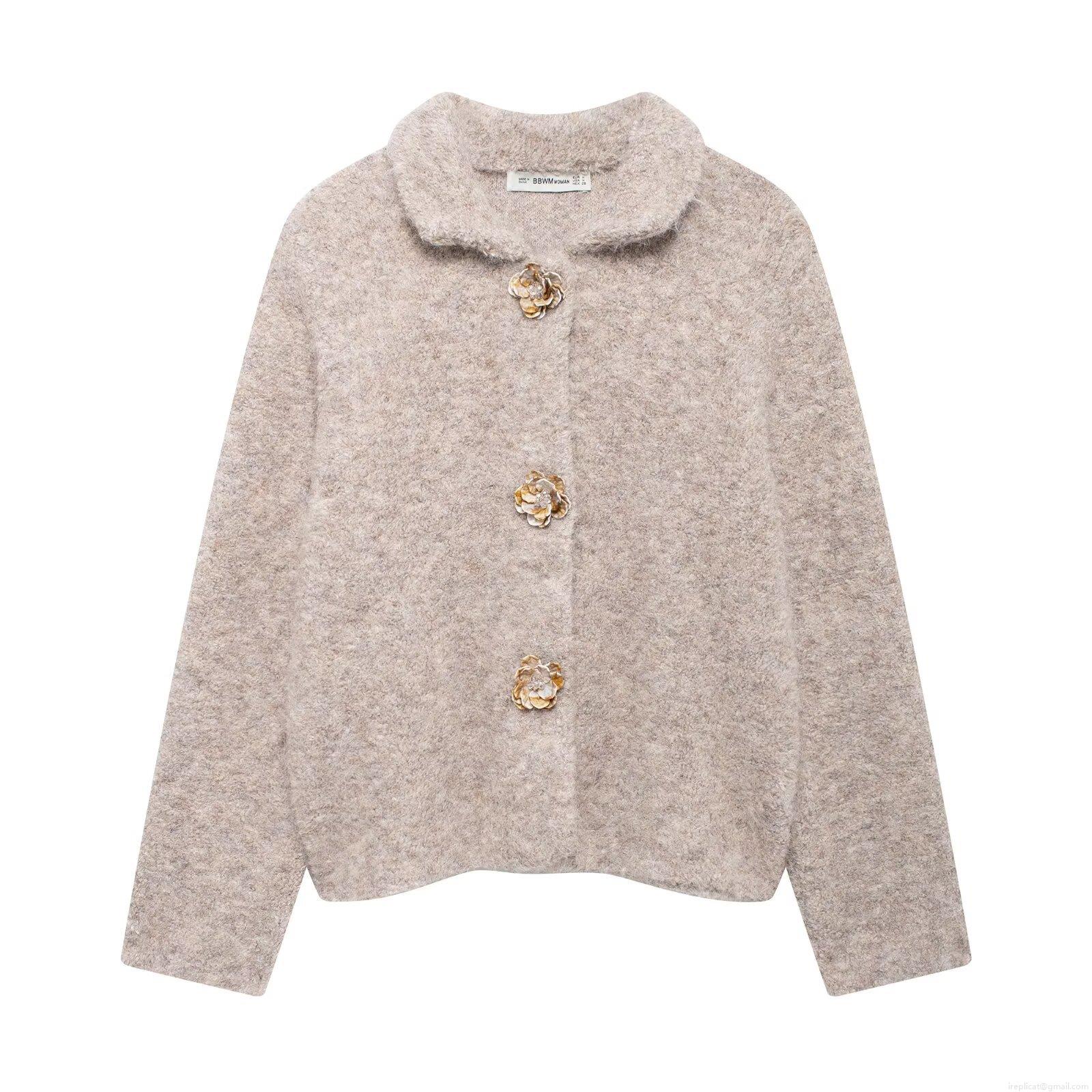 Women's Lapel Long Sleeve Knit Cardigan Jacket Vintage Metal Flower Button Fuzzy Sweater Outerwear Casual Autumn Winter Tops