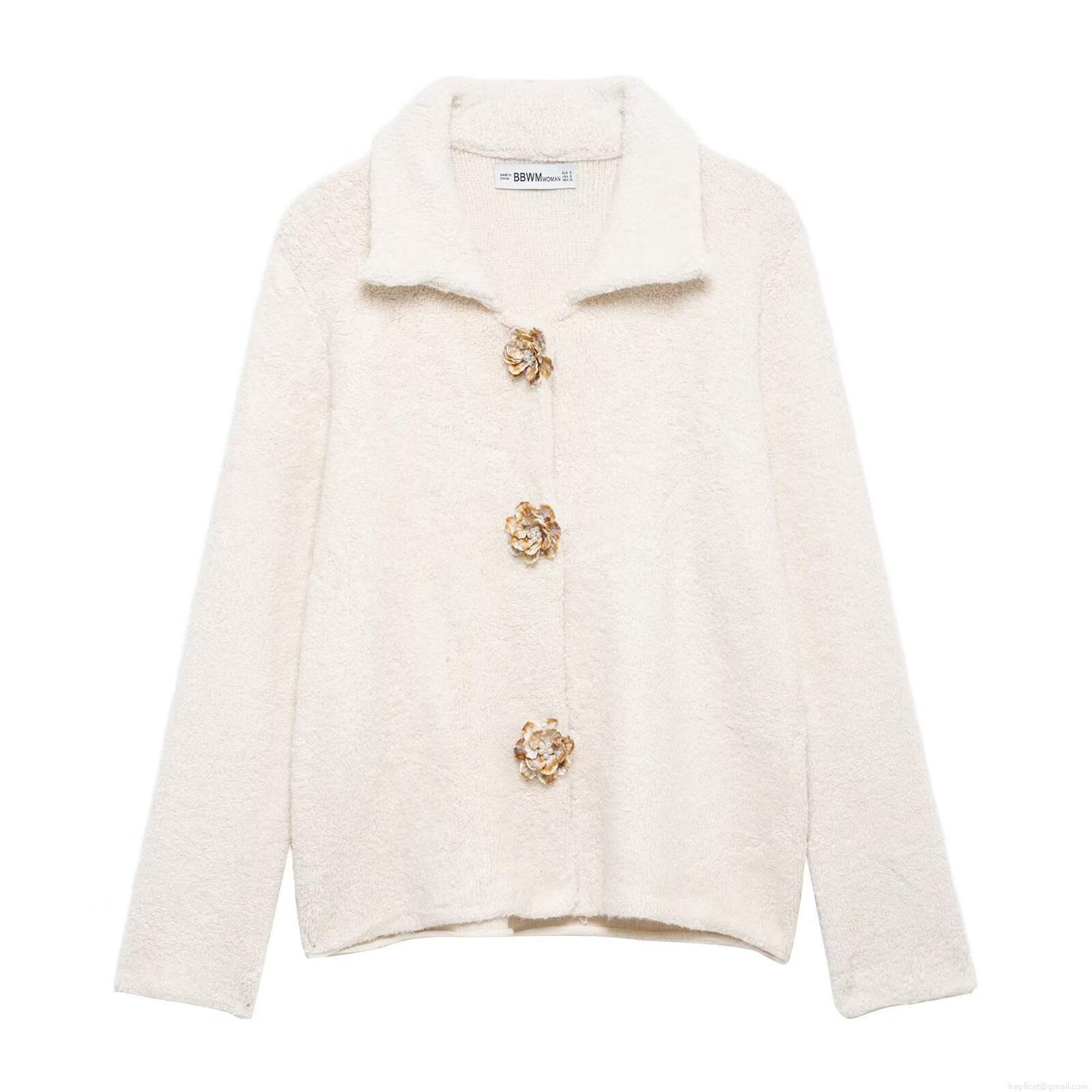 Women's Lapel Long Sleeve Knit Cardigan Jacket Vintage Metal Flower Button Fuzzy Sweater Outerwear Casual Autumn Winter Tops