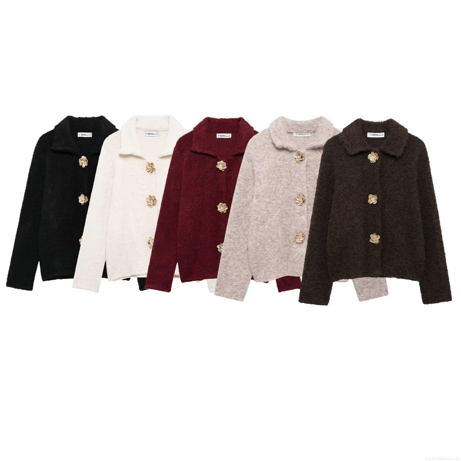 Women's Lapel Long Sleeve Knit Cardigan Jacket Vintage Metal Flower Button Fuzzy Sweater Outerwear Casual Autumn Winter Tops