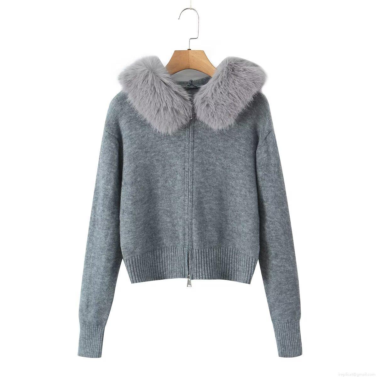 Women's Faux Fur Collar Hooded Knit Cardigan Sweater Jacket Zip Up Long Sleeve Loose Casual Winter Outerwear Warm Knitwear