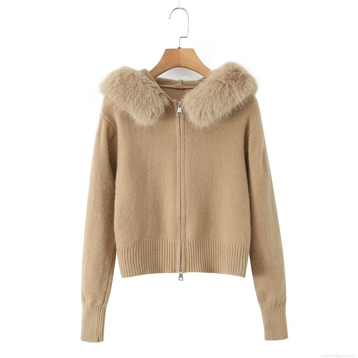 Women's Faux Fur Collar Hooded Knit Cardigan Sweater Jacket Zip Up Long Sleeve Loose Casual Winter Outerwear Warm Knitwear