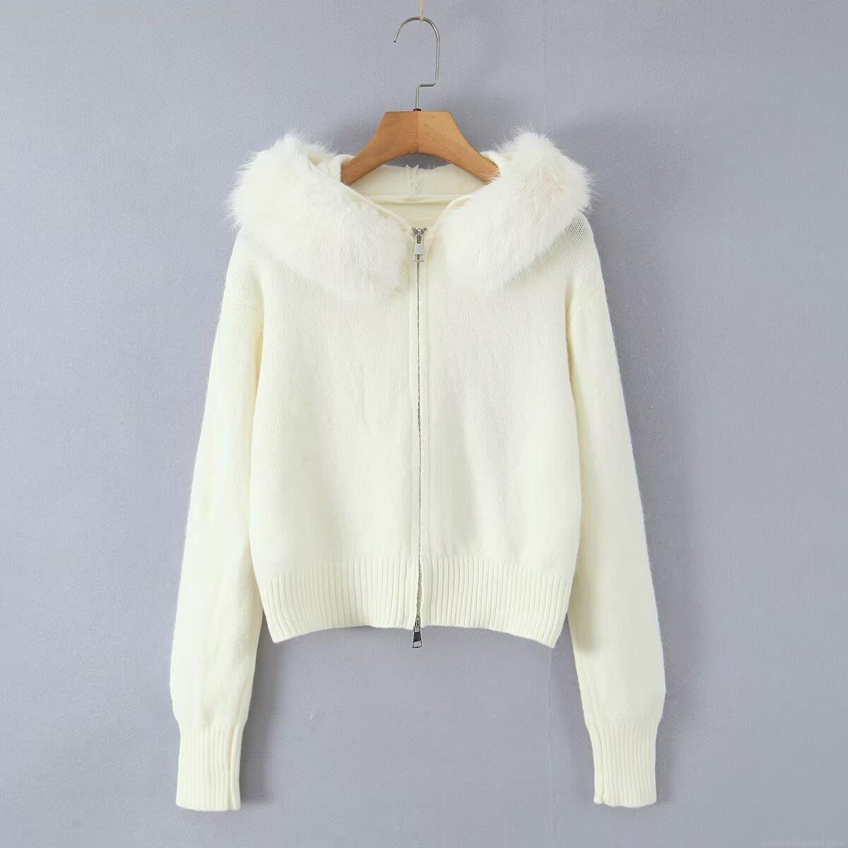 Women's Faux Fur Collar Hooded Knit Cardigan Sweater Jacket Zip Up Long Sleeve Loose Casual Winter Outerwear Warm Knitwear