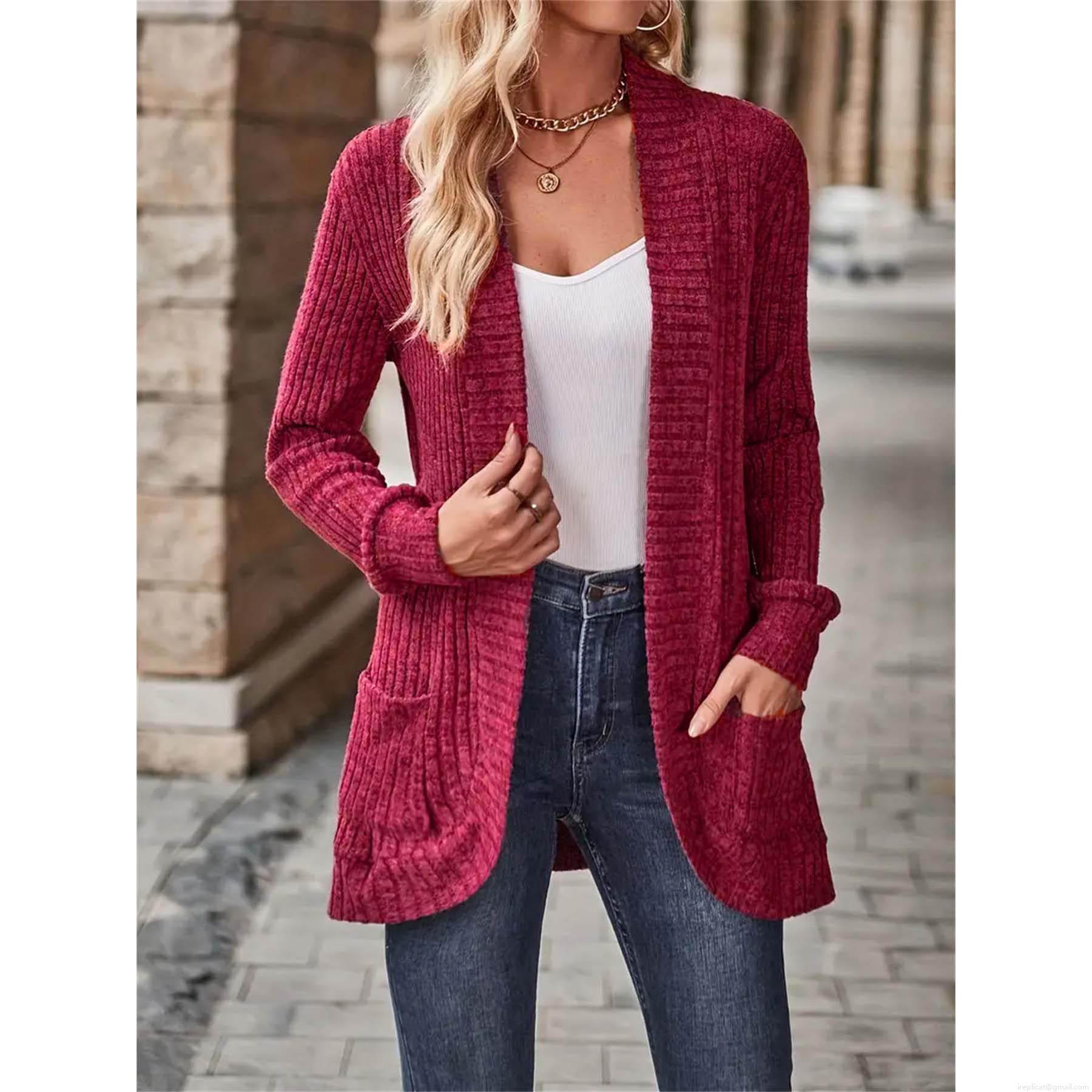 Women's Casual Knit Cardigan Open Front Long Sleeve Ribbed Sweater Jacket With Pockets Solid Color Vintage Outerwear For Fall Winter