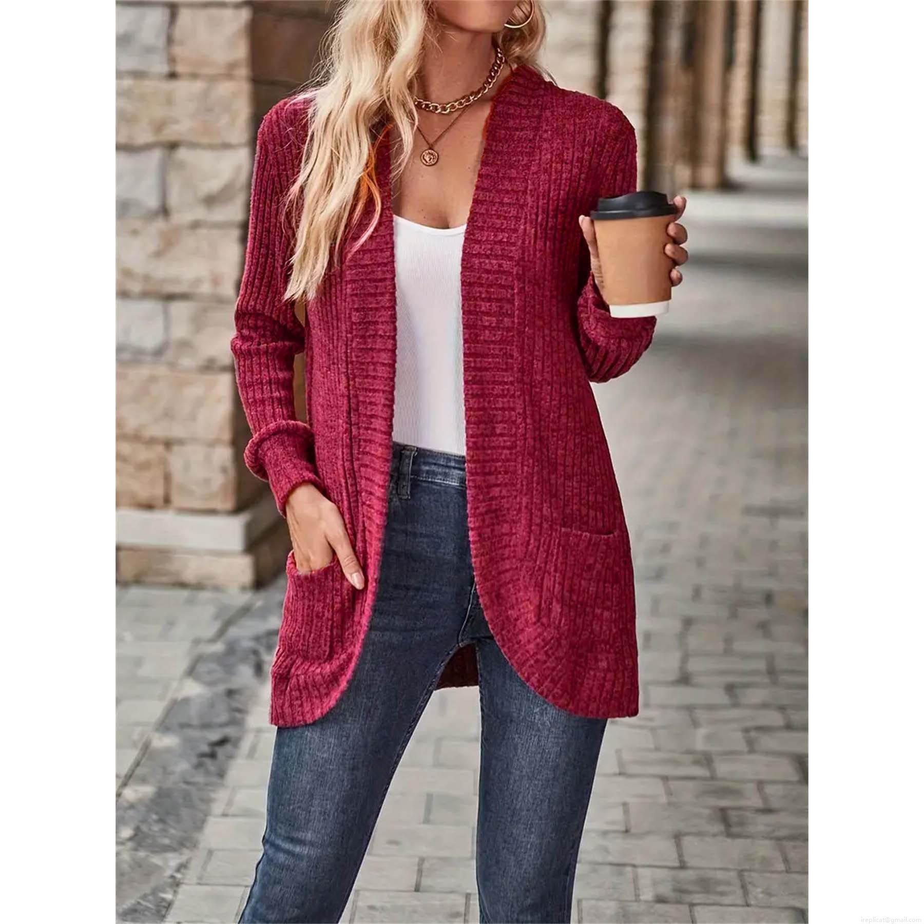 Women's Casual Knit Cardigan Open Front Long Sleeve Ribbed Sweater Jacket With Pockets Solid Color Vintage Outerwear For Fall Winter