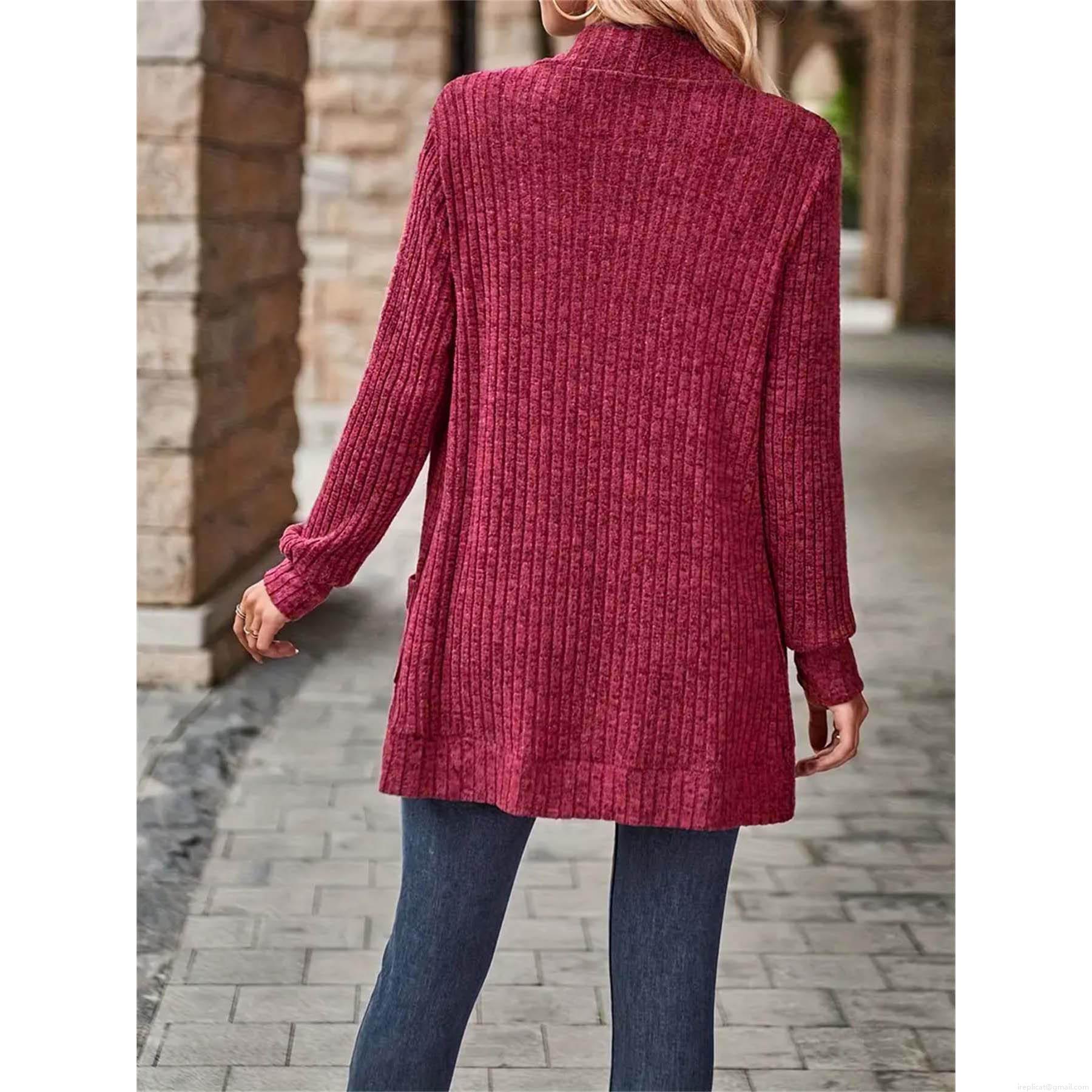 Women's Casual Knit Cardigan Open Front Long Sleeve Ribbed Sweater Jacket With Pockets Solid Color Vintage Outerwear For Fall Winter