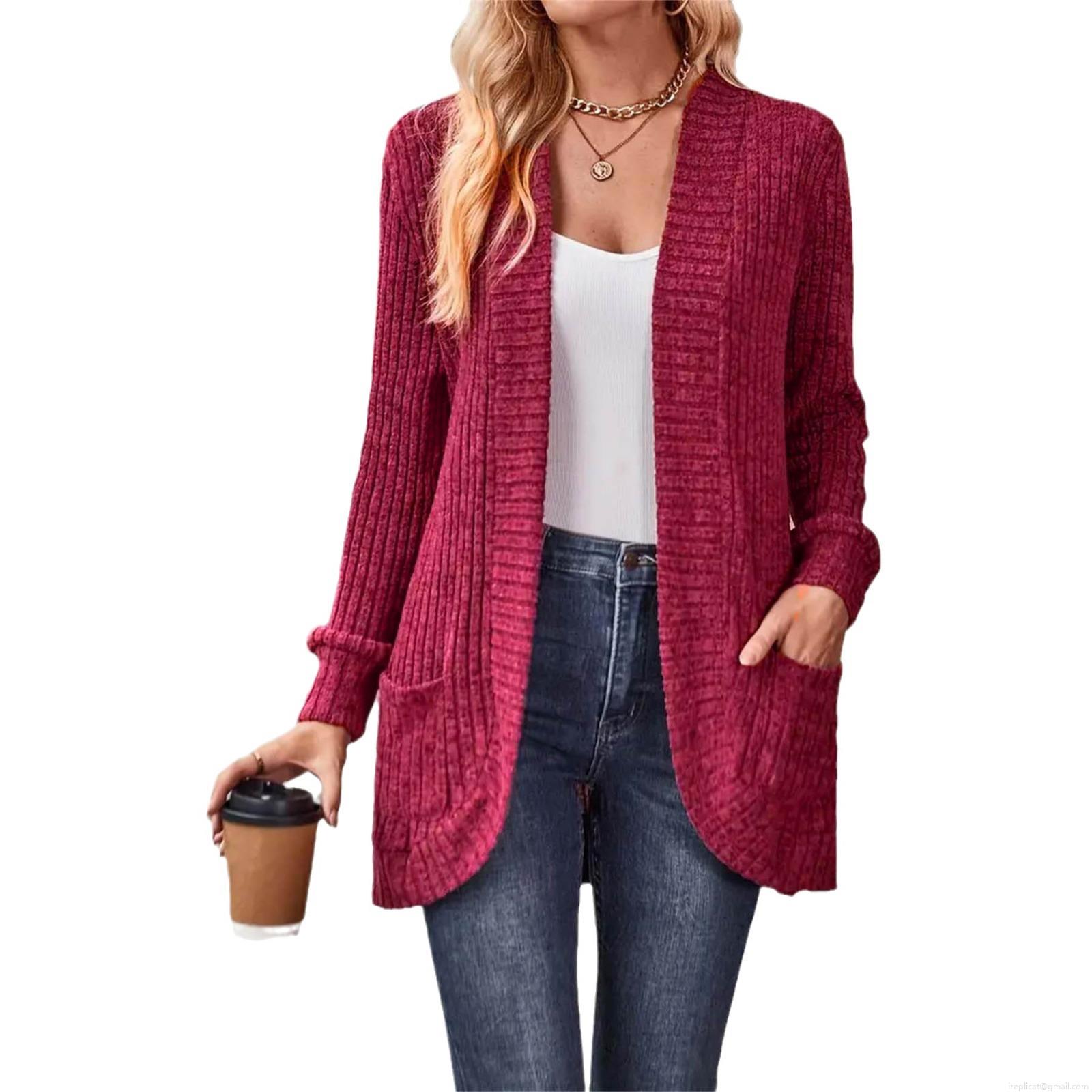 Women's Casual Knit Cardigan Open Front Long Sleeve Ribbed Sweater Jacket With Pockets Solid Color Vintage Outerwear For Fall Winter