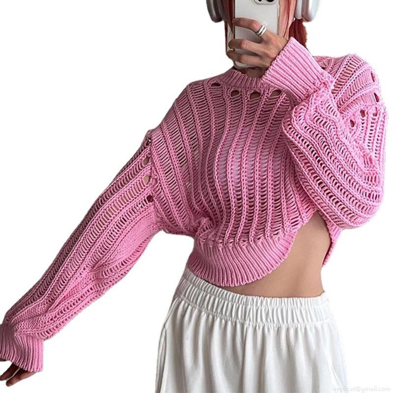Women's Acrylic Hollow Out Knit Crop Top Sweater Sexy Round Neck Long Sleeve Pullover Streetwear Casual Crochet Jumper Tops