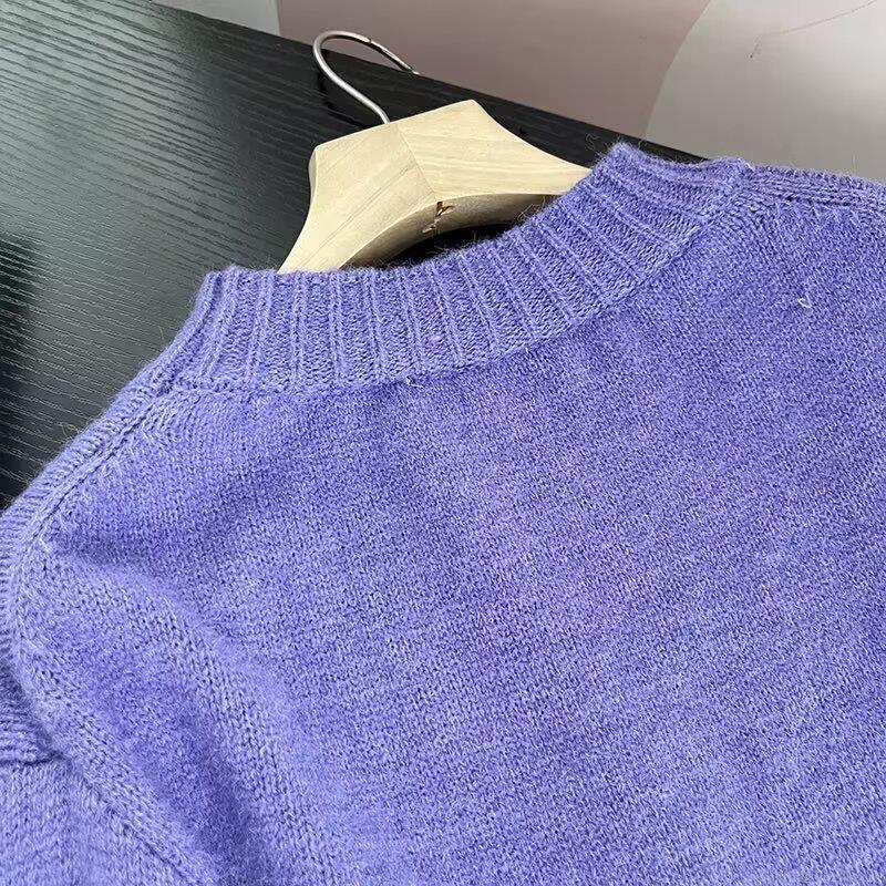 Women's Casual Round Neck Long Sleeve Knit Sweater Solid Color Standard Fit Polyester Blend Mohair Texture Pullover Top For Autumn Winter