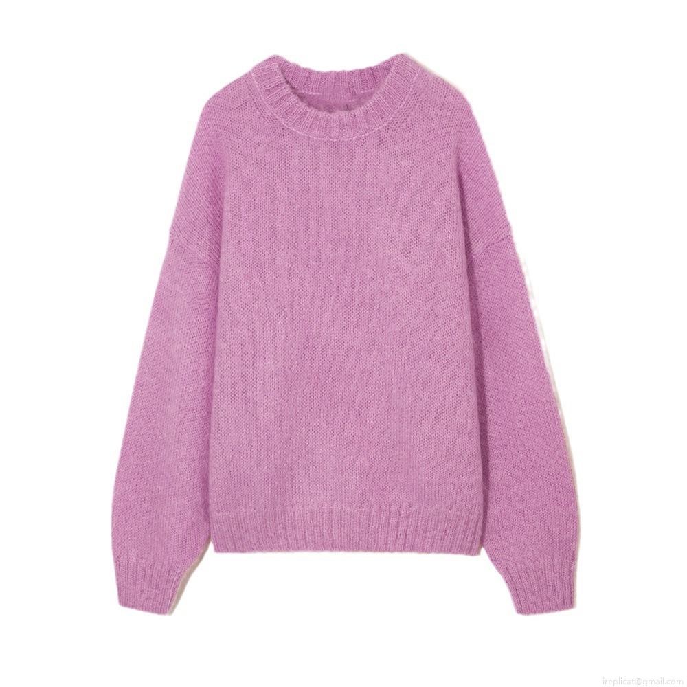 Women's Casual Round Neck Long Sleeve Knit Sweater Solid Color Standard Fit Polyester Blend Mohair Texture Pullover Top For Autumn Winter