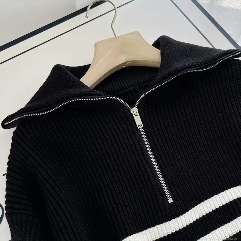 Women's Casual Cotton Blend Half Zip Knit Sweater Loose Striped Solid Pullover Jumper For Daily Commute Minimalist Long Sleeve Thick Knit Top