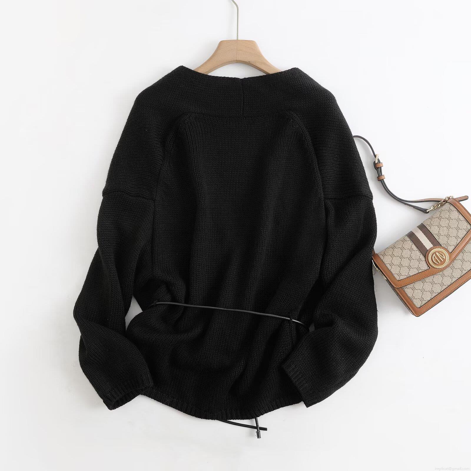 Women's Casual Wool Blend V-Neck Knit Cardigan With Belt Loose Fit Acrylic Nylon Long Sleeve Sweater Jacket For Daily Wear Winter Autumn
