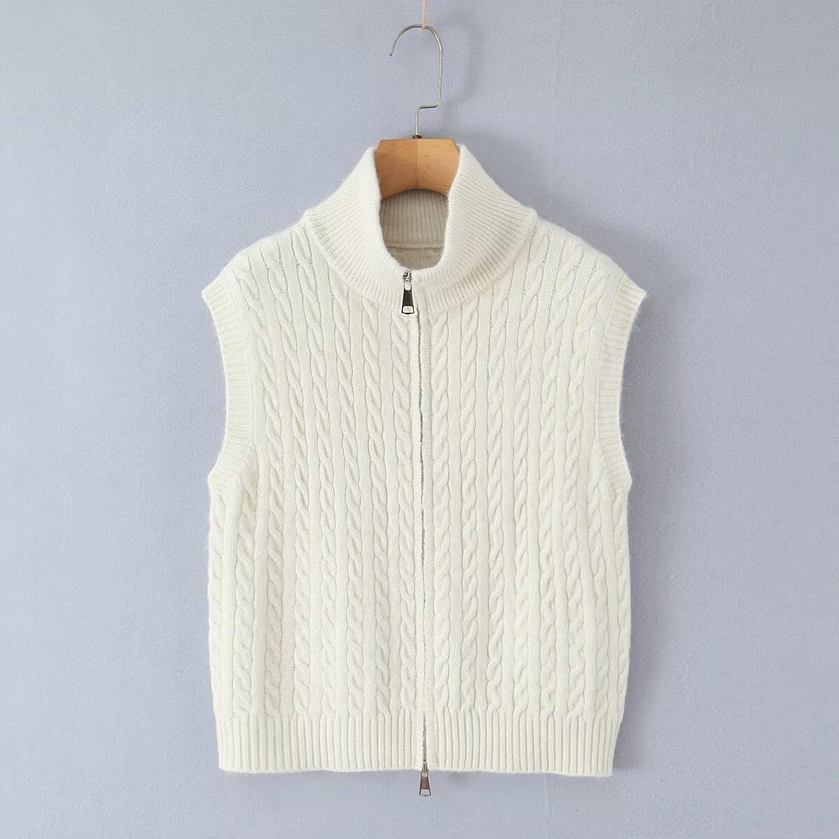 Vintage Women's Cable Knit Vest Polyester Standing Collar Zipper Up Sleeveless Sweater Vest Solid Color Retro Casual Knitwear Top For Daily Outwear
