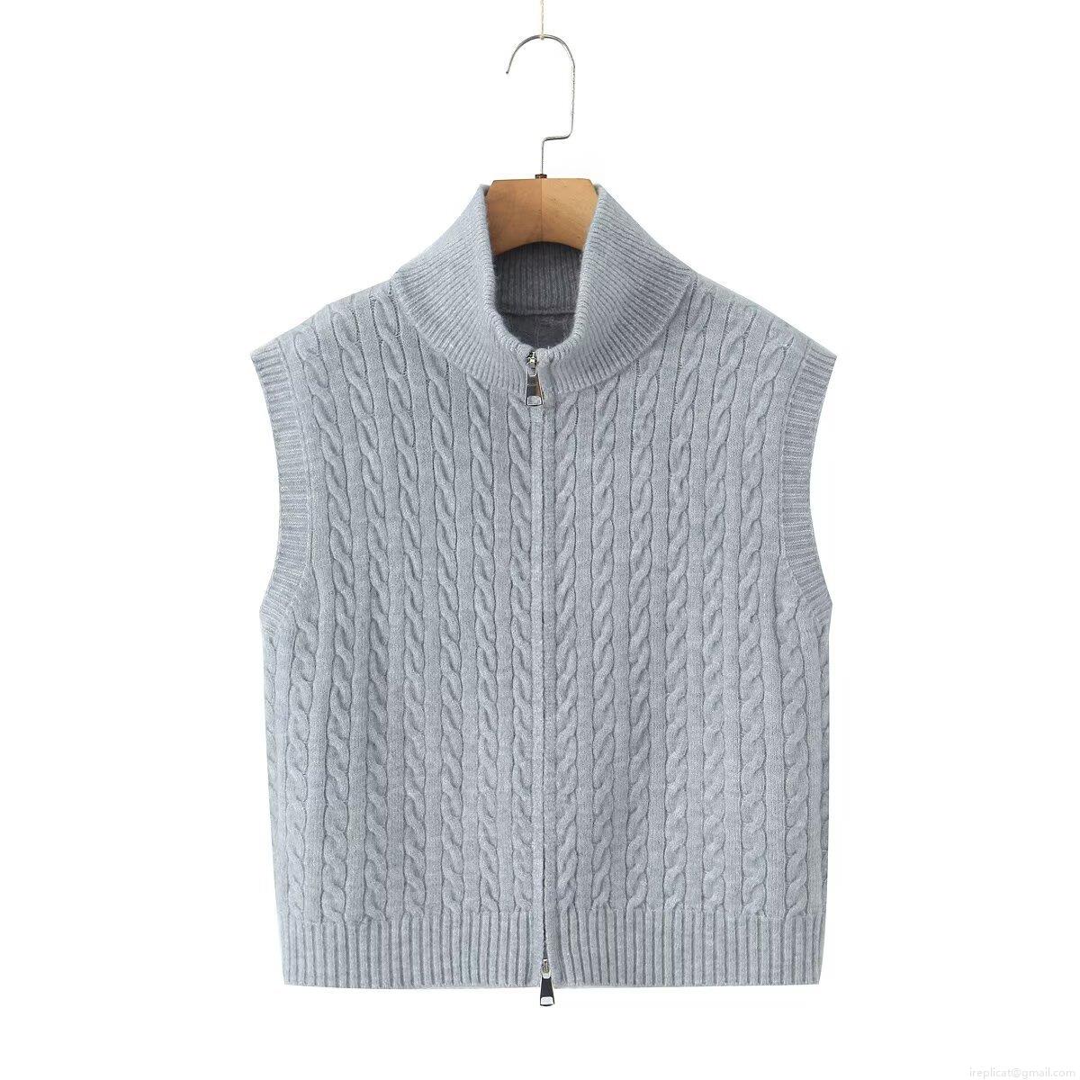 Vintage Women's Cable Knit Vest Polyester Standing Collar Zipper Up Sleeveless Sweater Vest Solid Color Retro Casual Knitwear Top For Daily Outwear