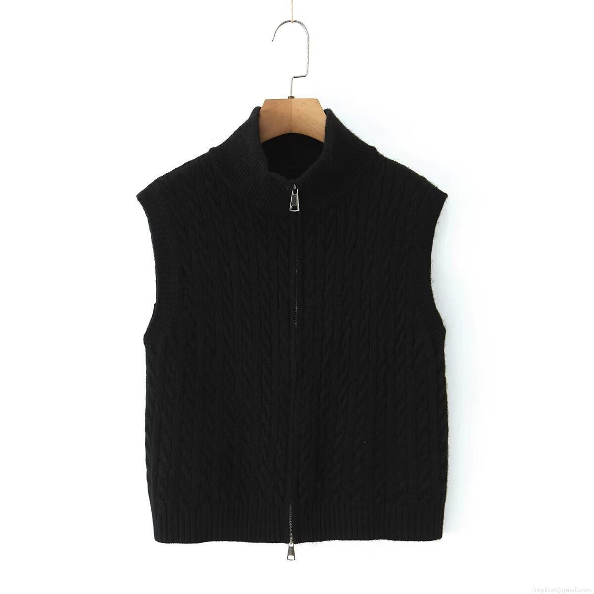 Vintage Women's Cable Knit Vest Polyester Standing Collar Zipper Up Sleeveless Sweater Vest Solid Color Retro Casual Knitwear Top For Daily Outwear