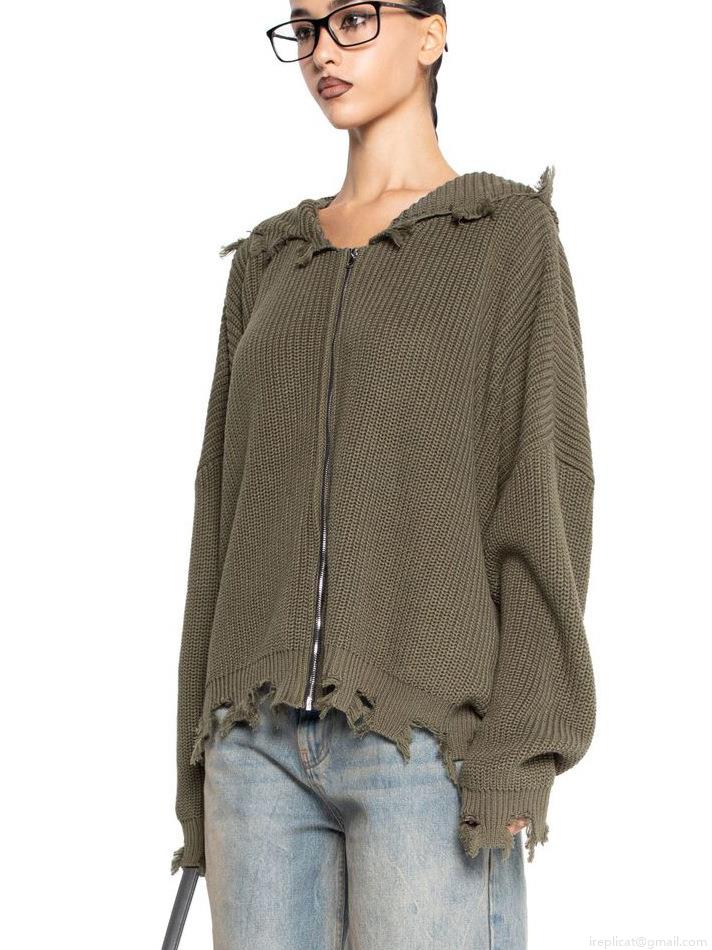 Women's Distressed Knit Hooded Sweater Cardigan Cotton Blend Oversized Zip Up Jacket With Fringed Edges Streetwear Autumn Winter Long Sleeve Top