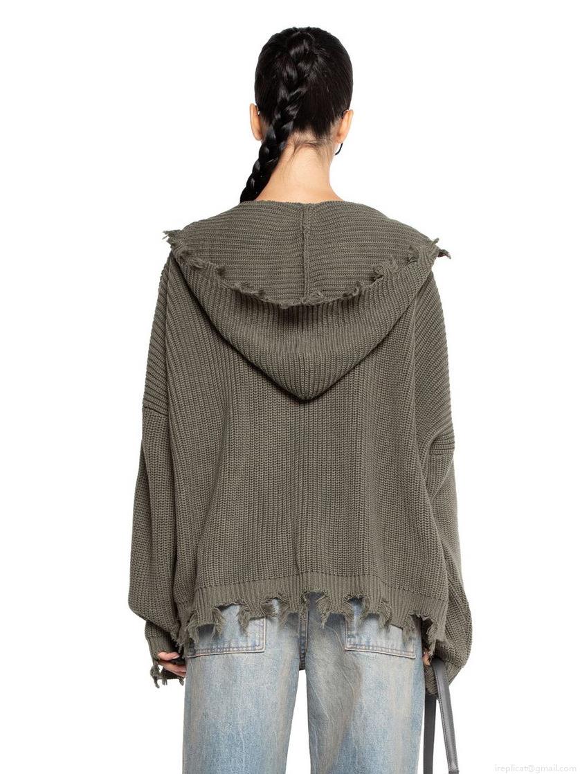 Women's Distressed Knit Hooded Sweater Cardigan Cotton Blend Oversized Zip Up Jacket With Fringed Edges Streetwear Autumn Winter Long Sleeve Top