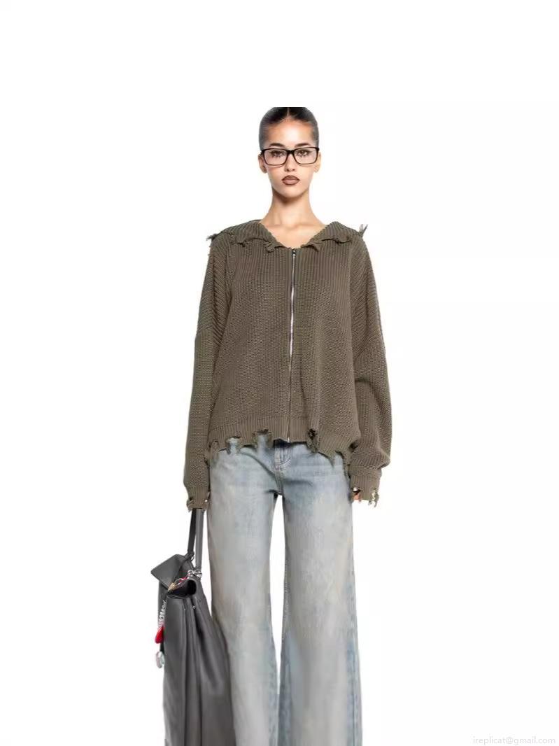 Women's Distressed Knit Hooded Sweater Cardigan Cotton Blend Oversized Zip Up Jacket With Fringed Edges Streetwear Autumn Winter Long Sleeve Top