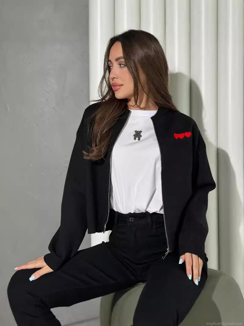 Women's Heart Embroidery Zip Up Knit Cardigan French Style Slim Fit Long Sleeve Sweater Jacket Autumn Casual Knitted Top