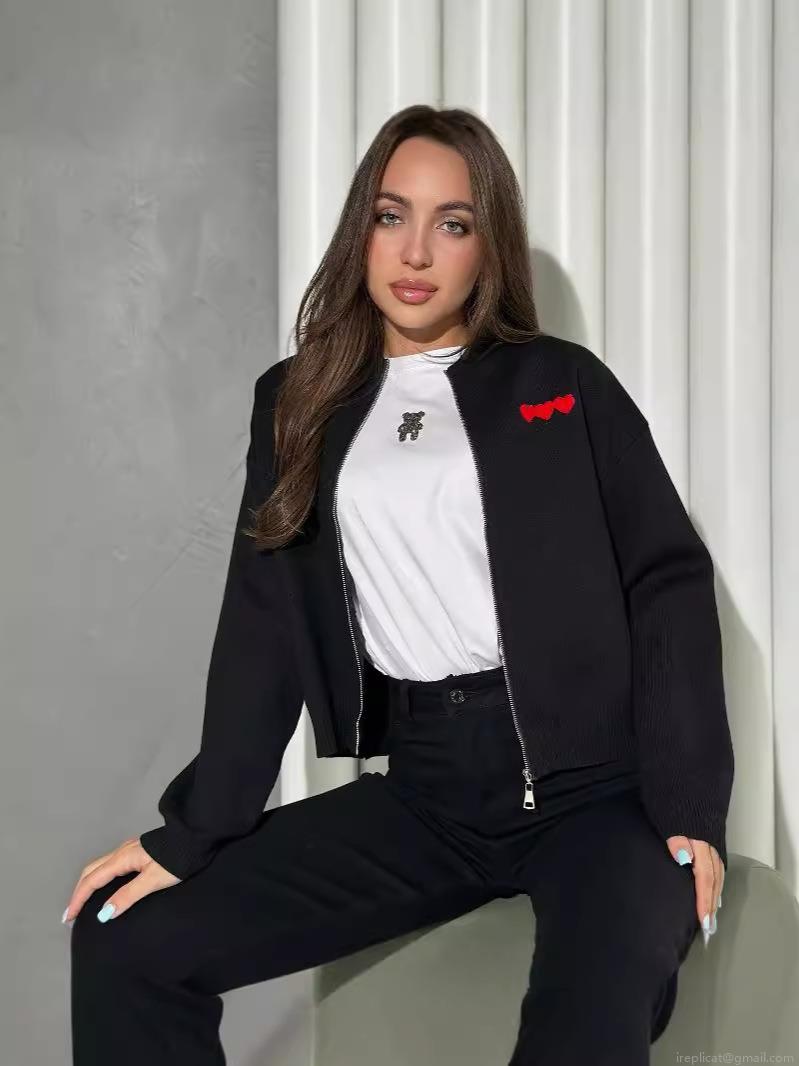 Women's Heart Embroidery Zip Up Knit Cardigan French Style Slim Fit Long Sleeve Sweater Jacket Autumn Casual Knitted Top