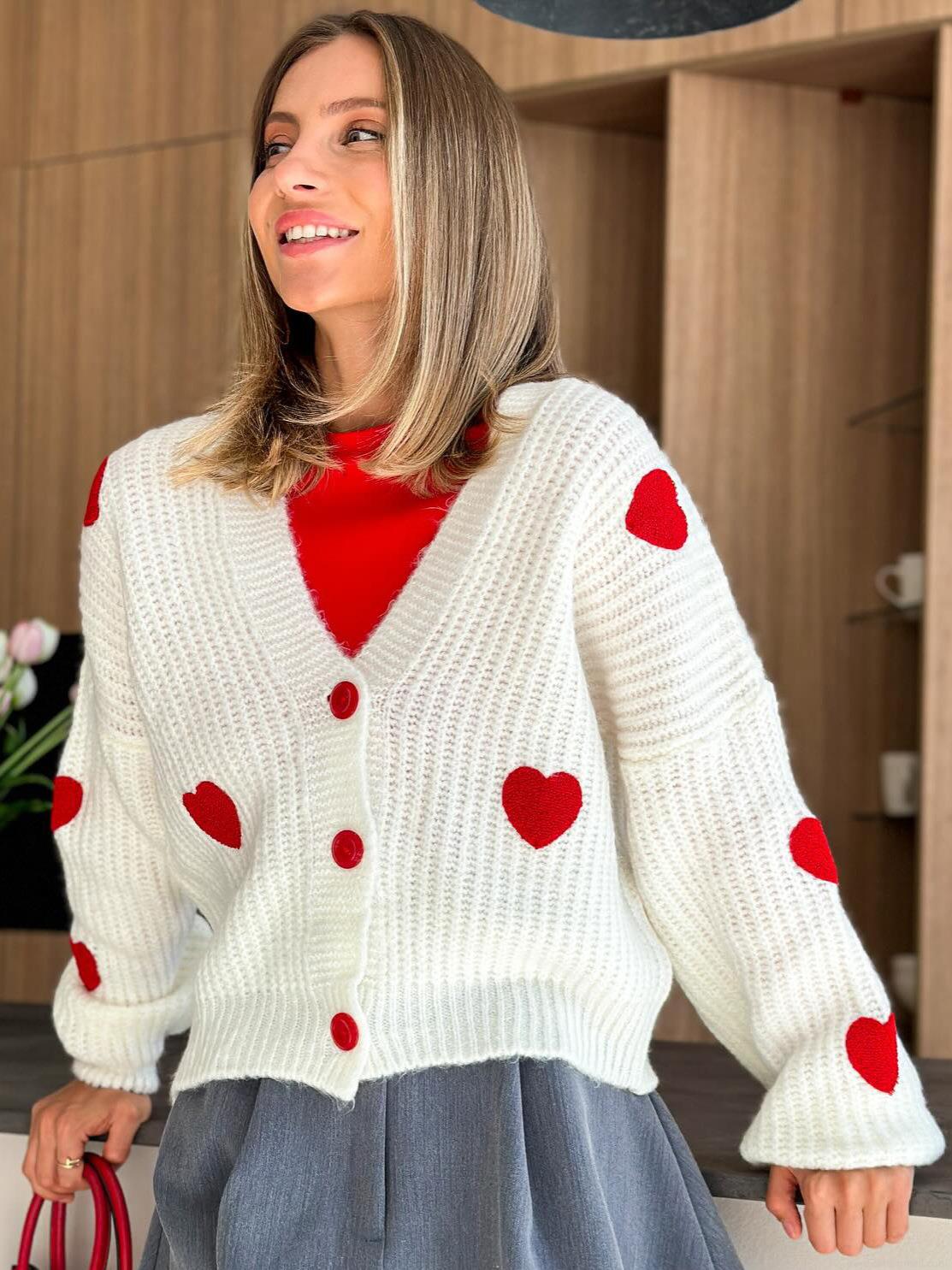 Women's Heart Pattern Knit Cardigan V-Neck Long Sleeve Button Up Sweater Acrylic Blend Loose Outerwear For Autumn Winter Casual Daily Wear Sweet Chic White Red